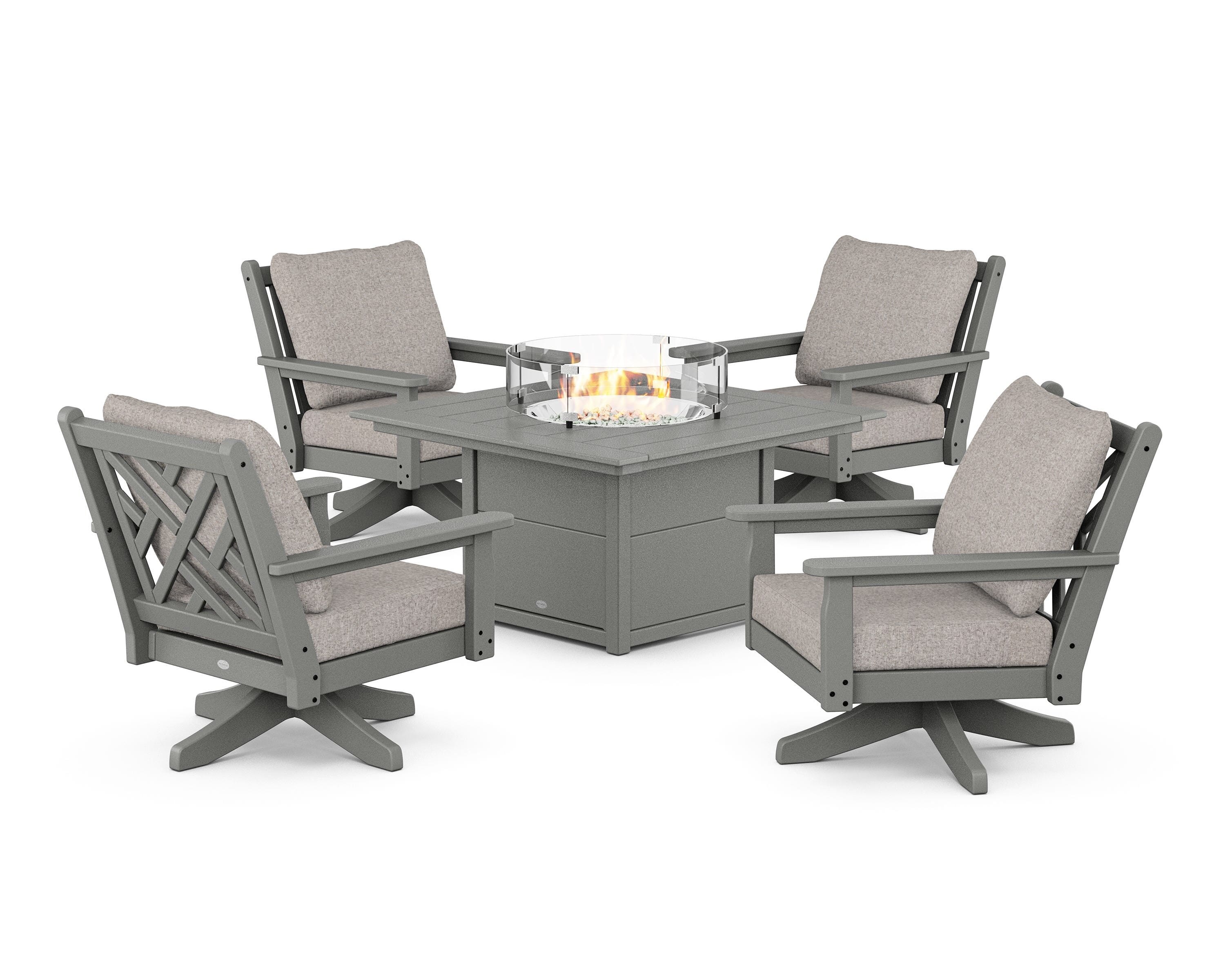 POLYWOOD Chippendale 5-Piece Deep Seating Swivel Conversation Set with Fire Pit Table in Slate Grey / Weathered Tweed