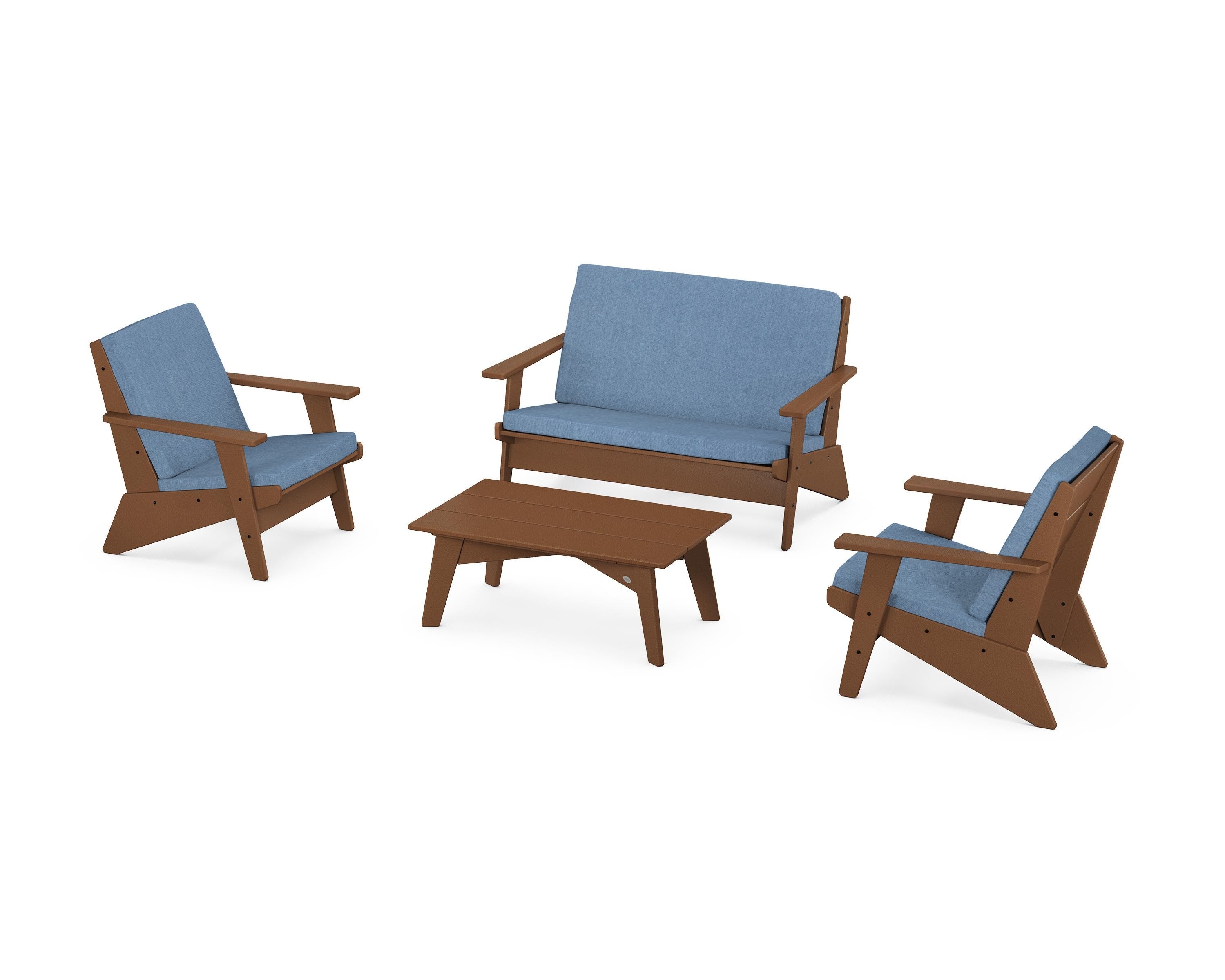 POLYWOOD Riviera Modern Lounge 4-Piece Set in Teak / Sky Blue