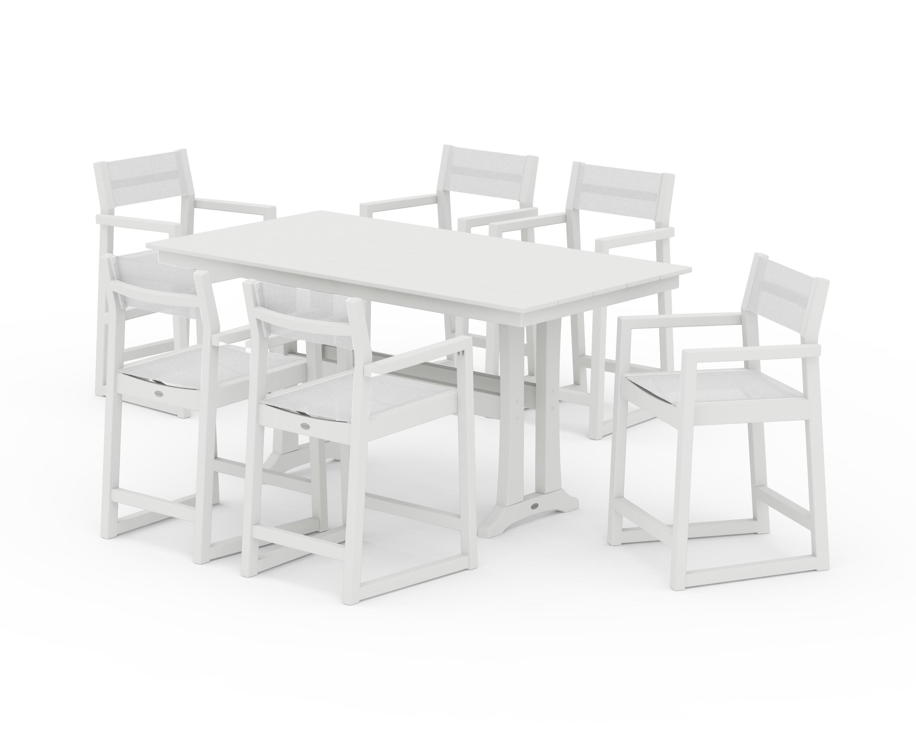 POLYWOOD EDGE Sling Arm Chair 7-Piece Farmhouse Counter Set with Trestle Legs in Vintage White / White Sling