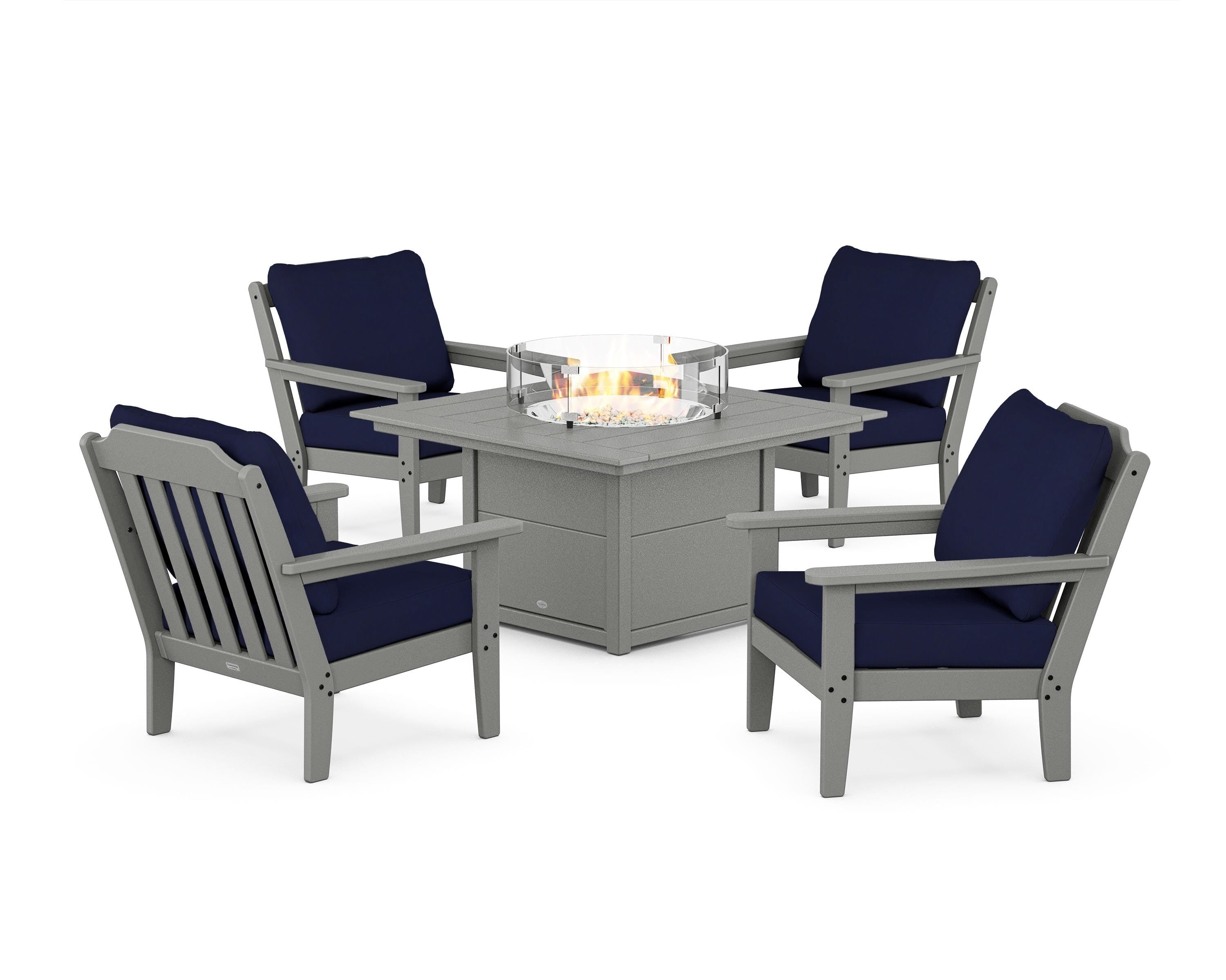 Country Living Cottage 5-Piece Deep Seating Set with Fire Pit Table in Slate Grey / Navy