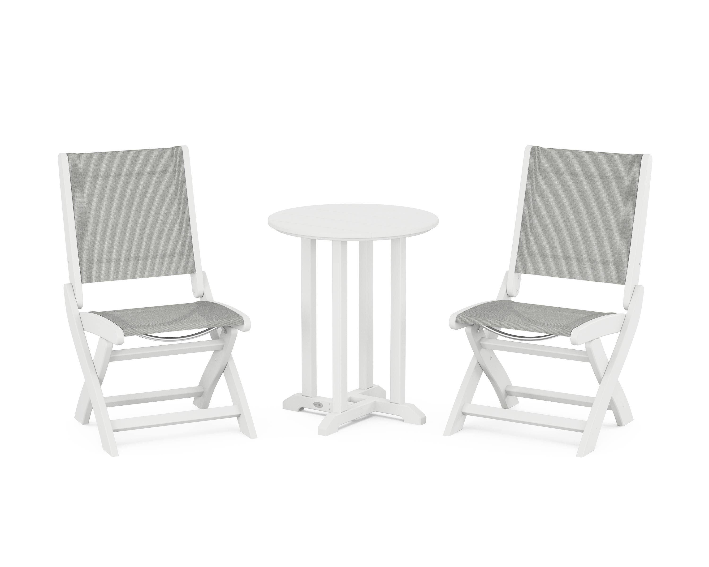 POLYWOOD Coastal Folding Side Chair 3-Piece Round Bistro Dining Set in White / Metallic Sling