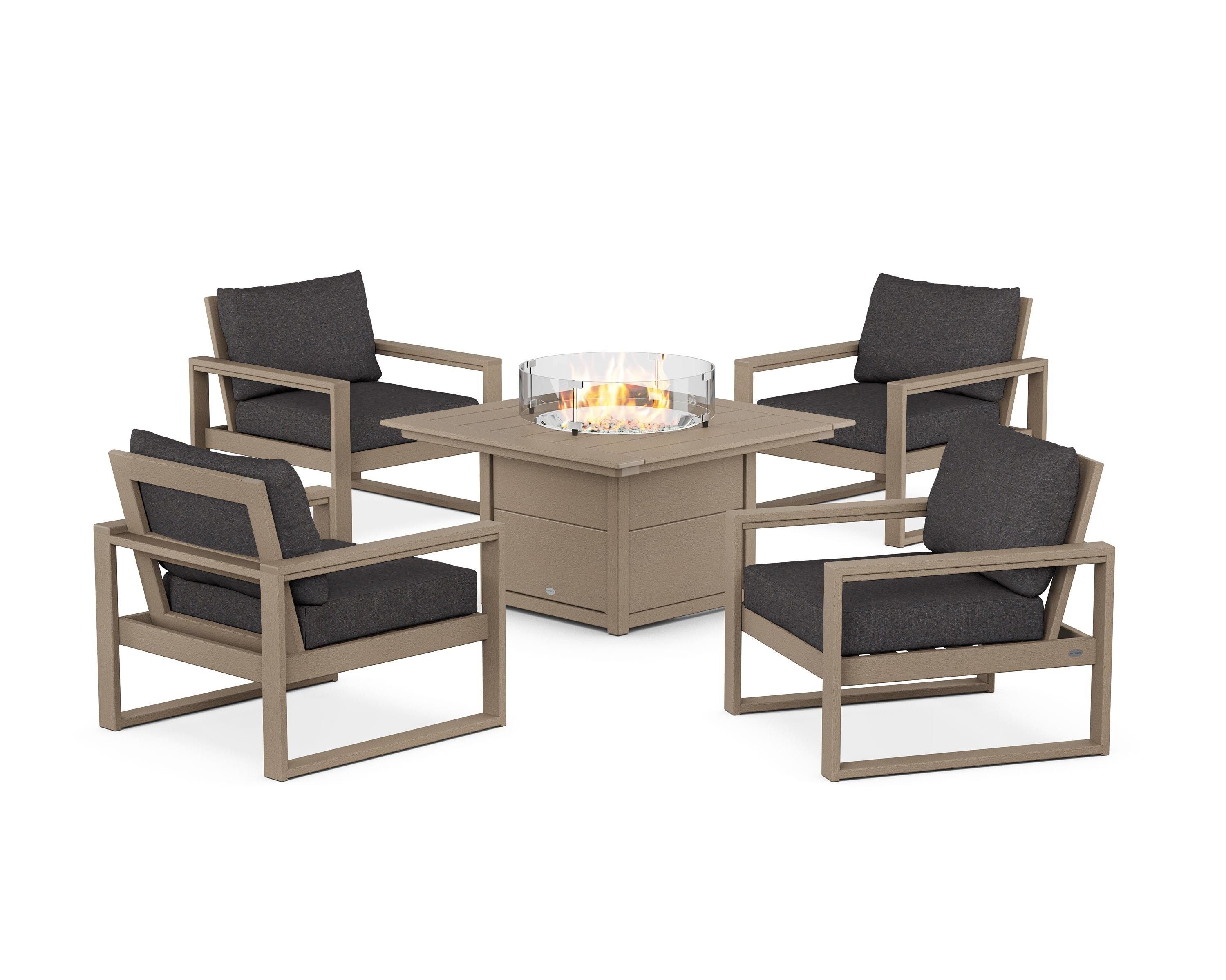 POLYWOOD EDGE Sectional 5-Piece Deep Seating Set with Fire Pit Table in Vintage Sahara / Ash Charcoal