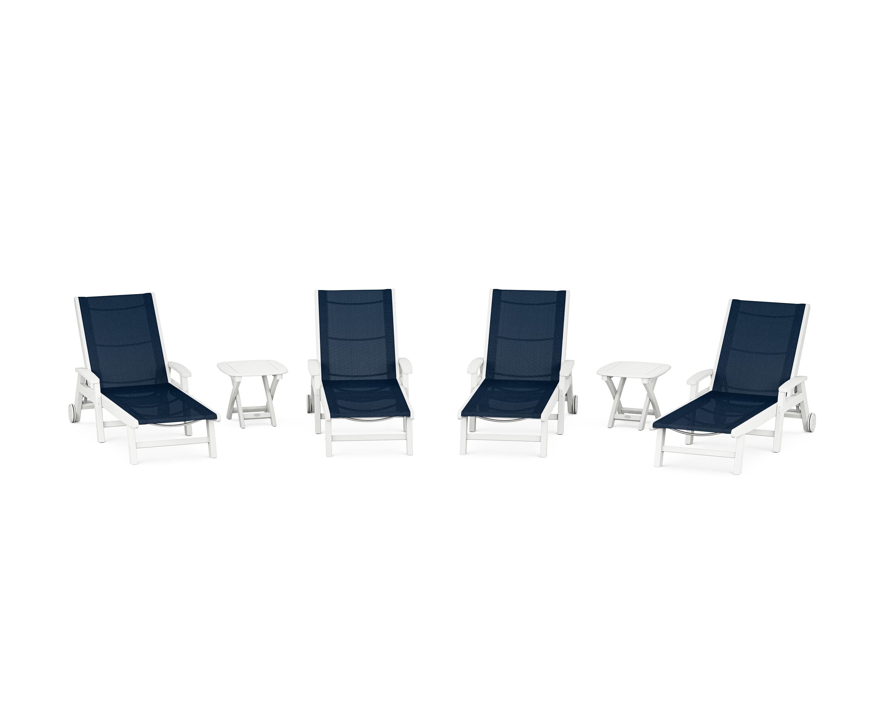 POLYWOOD Coastal Chaise 6-Piece Set with Wheels in White / Navy Blue Sling