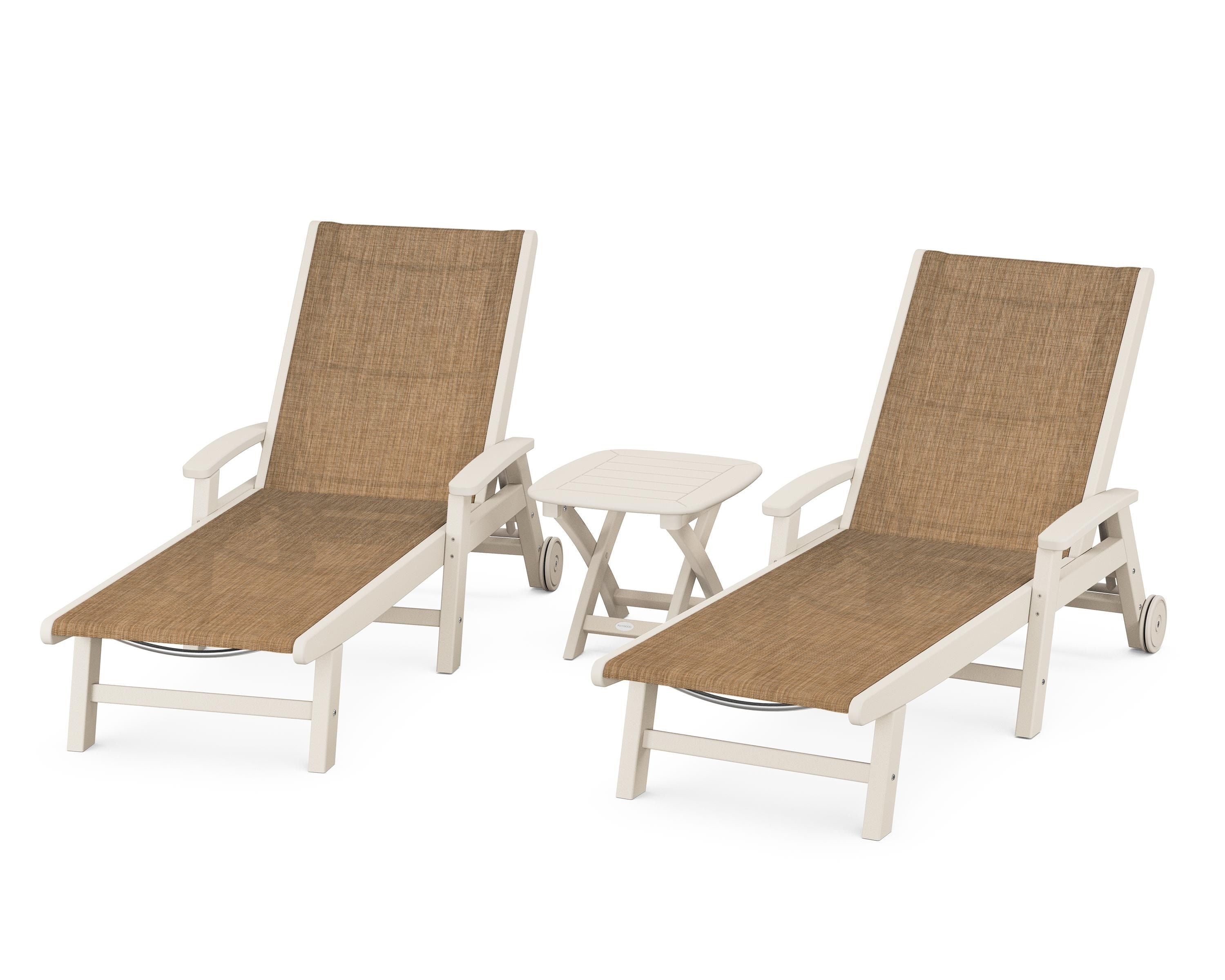 POLYWOOD Coastal 3-Piece Wheeled Chaise Set in Sand / Burlap Sling