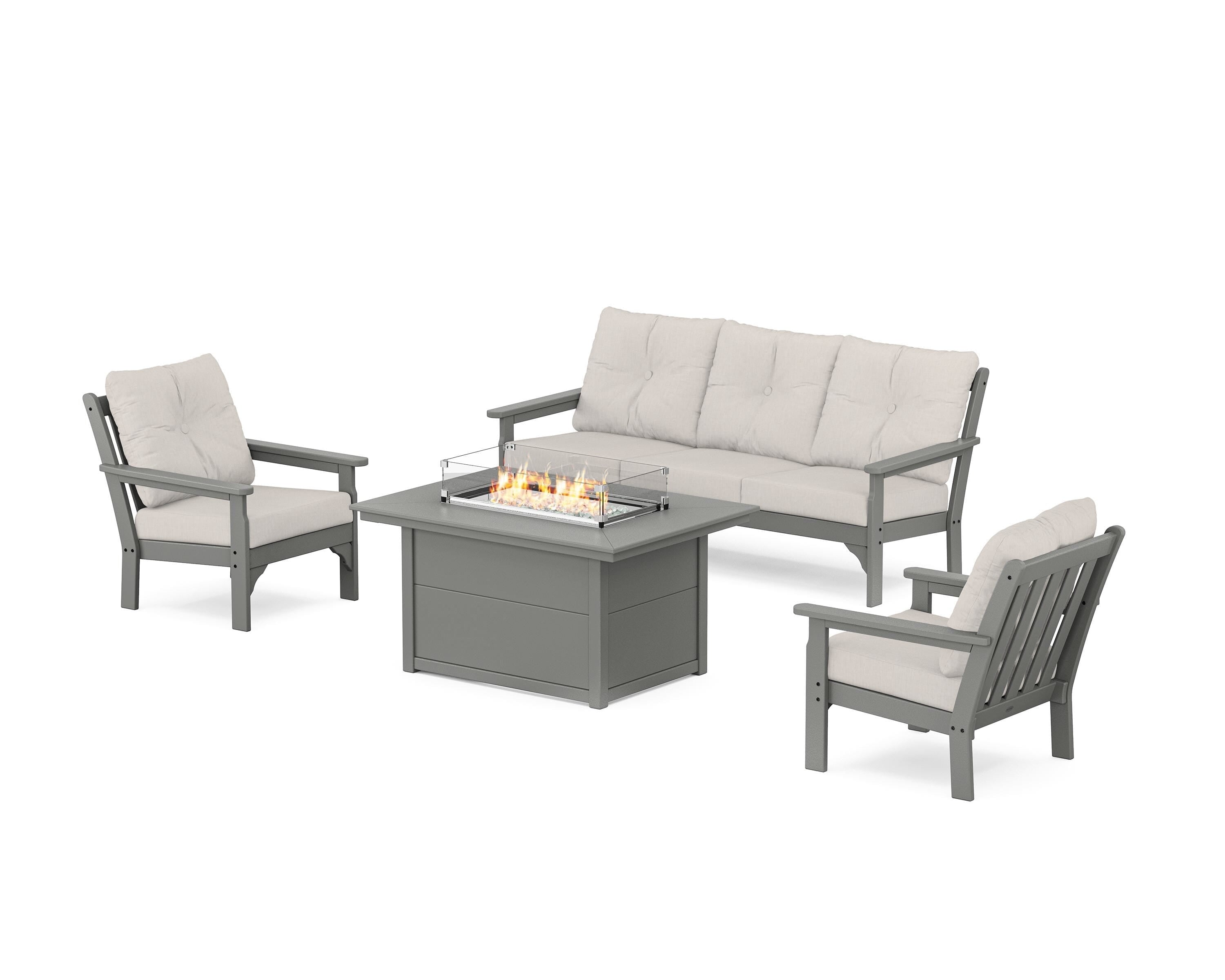 POLYWOOD Vineyard Deep Seating Fire Pit Table Set in Slate Grey / Cast Ash