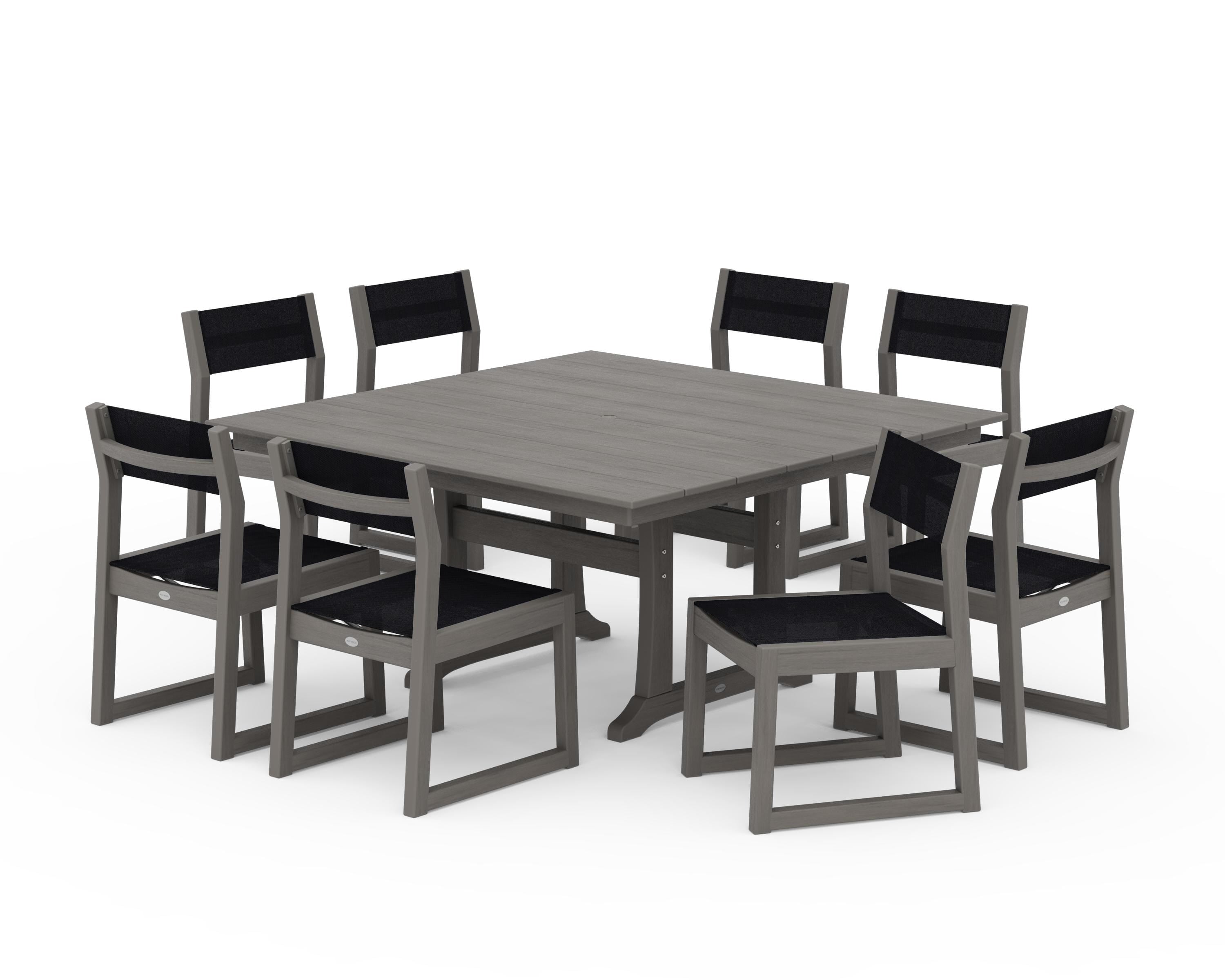 POLYWOOD EDGE Sling Side Chair 9-Piece Farmhouse Trestle Dining Set in Driftwood / Black Sling
