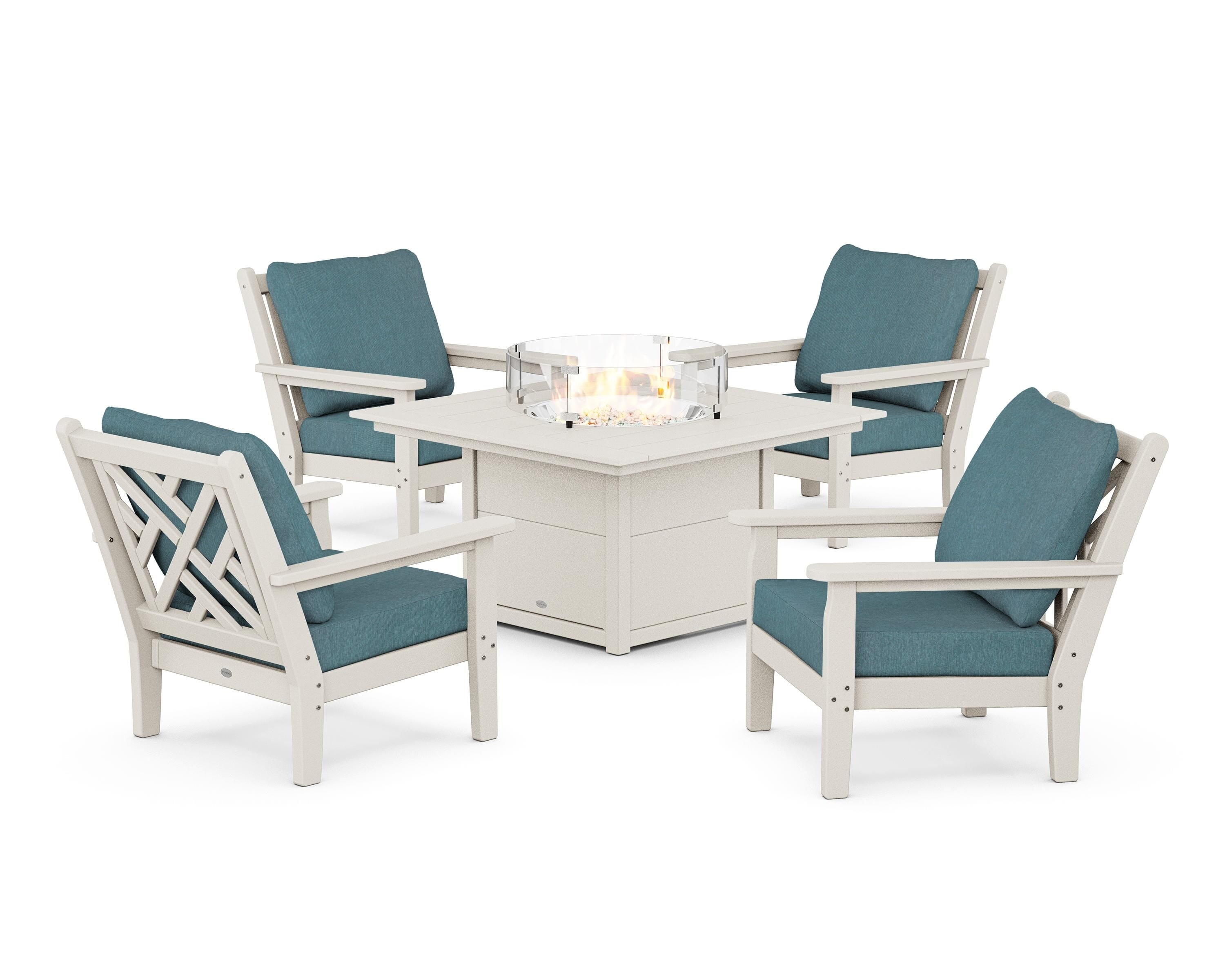 POLYWOOD Chippendale 5-Piece Deep Seating Set with Fire Pit Table in Sand / Ocean Teal