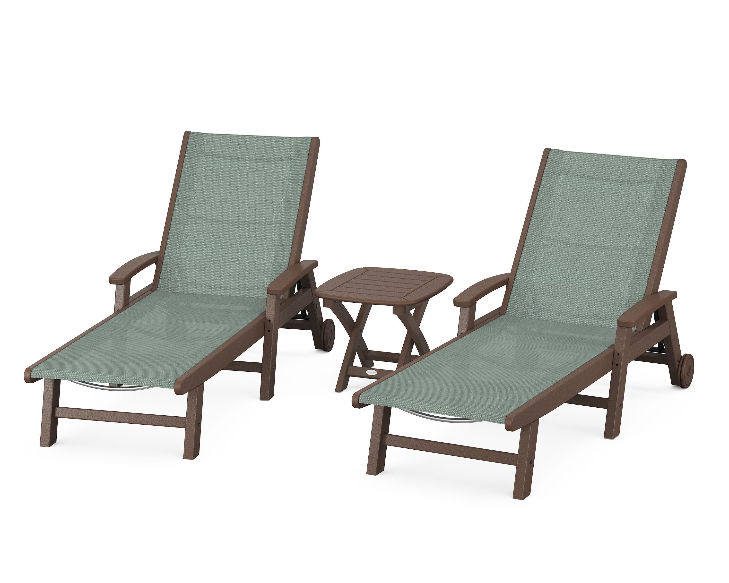 POLYWOOD Coastal 3-Piece Wheeled Chaise Set in Mahogany / Dupioni Sea Mist Sling