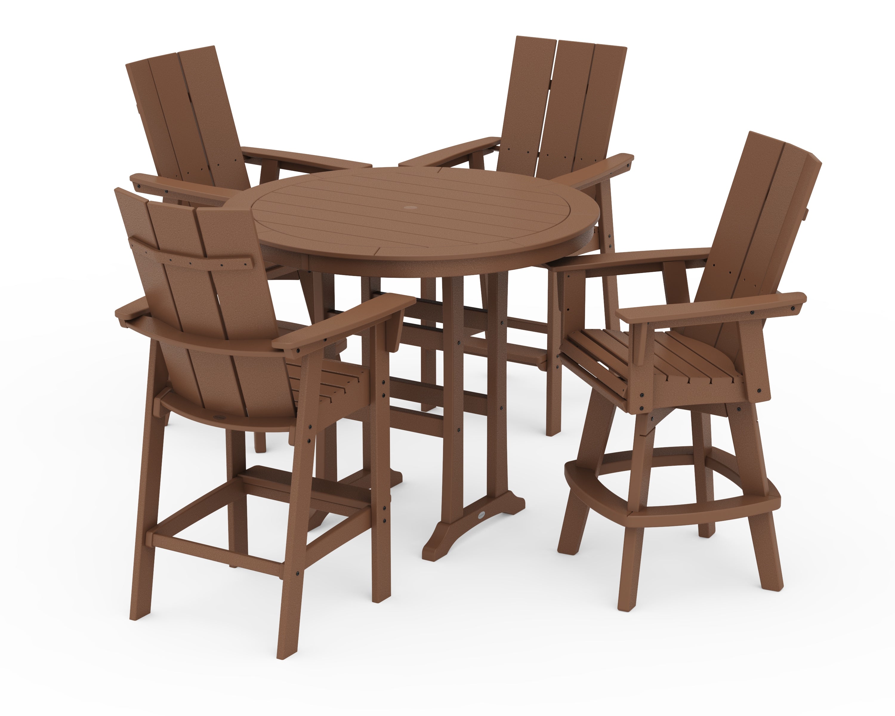 POLYWOOD Modern Adirondack 5-Piece Nautical Trestle Round Bar Set with Swivels in Teak