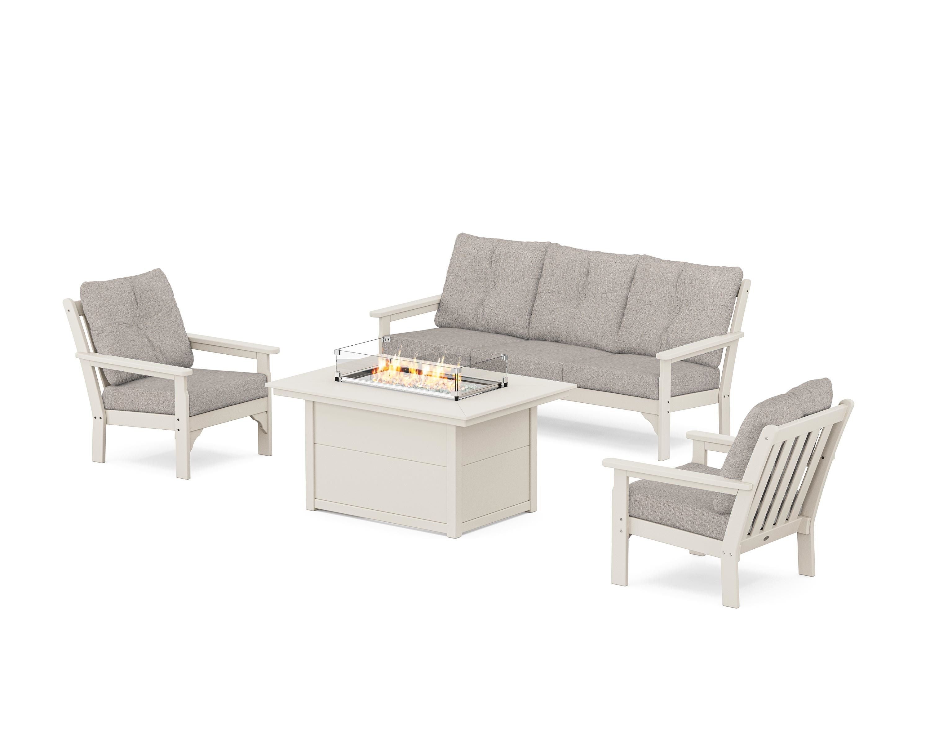 POLYWOOD Vineyard Deep Seating Fire Pit Table Set in Sand / Weathered Tweed