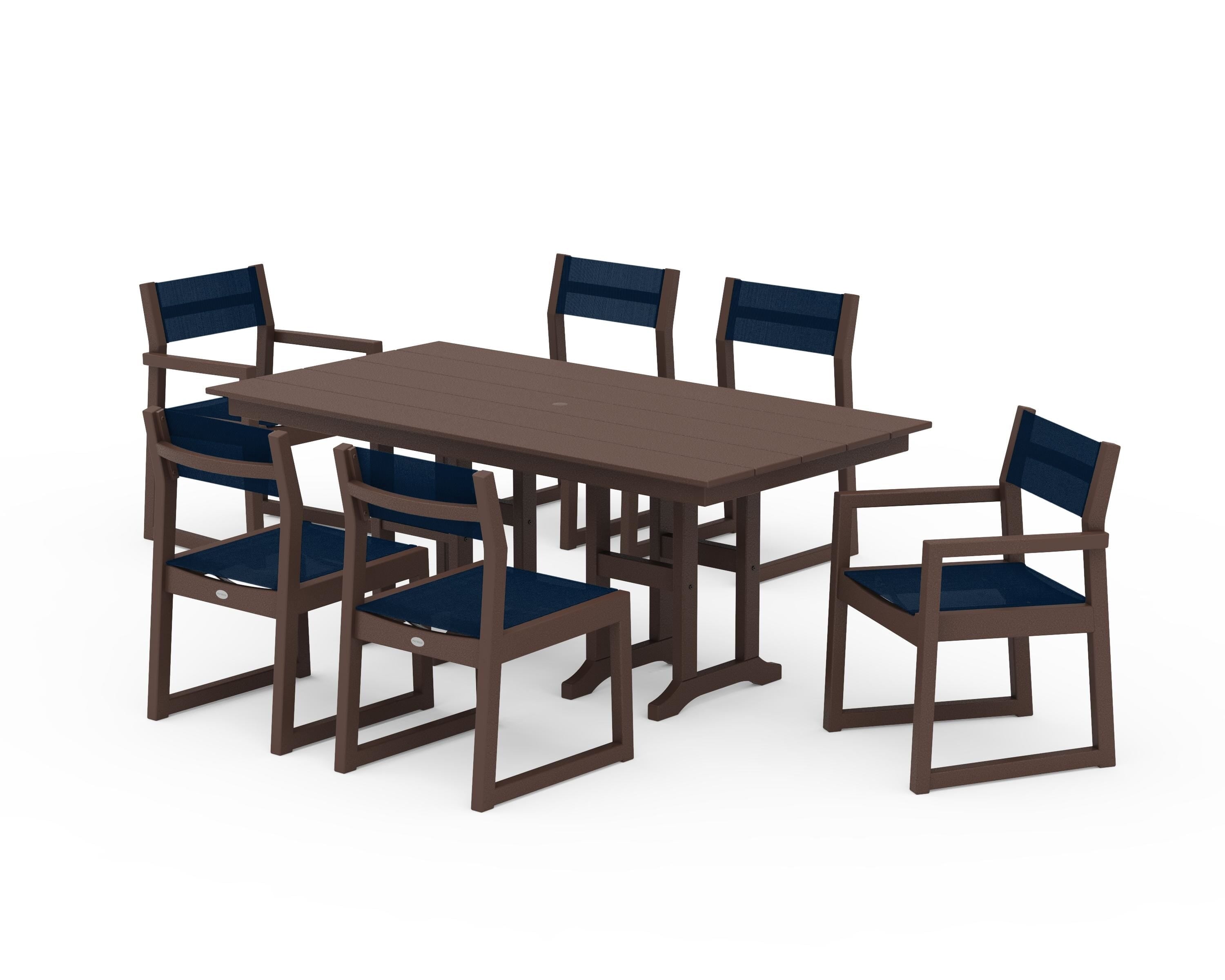 POLYWOOD EDGE Sling 7-Piece Farmhouse Dining Set in Mahogany / Navy Blue Sling
