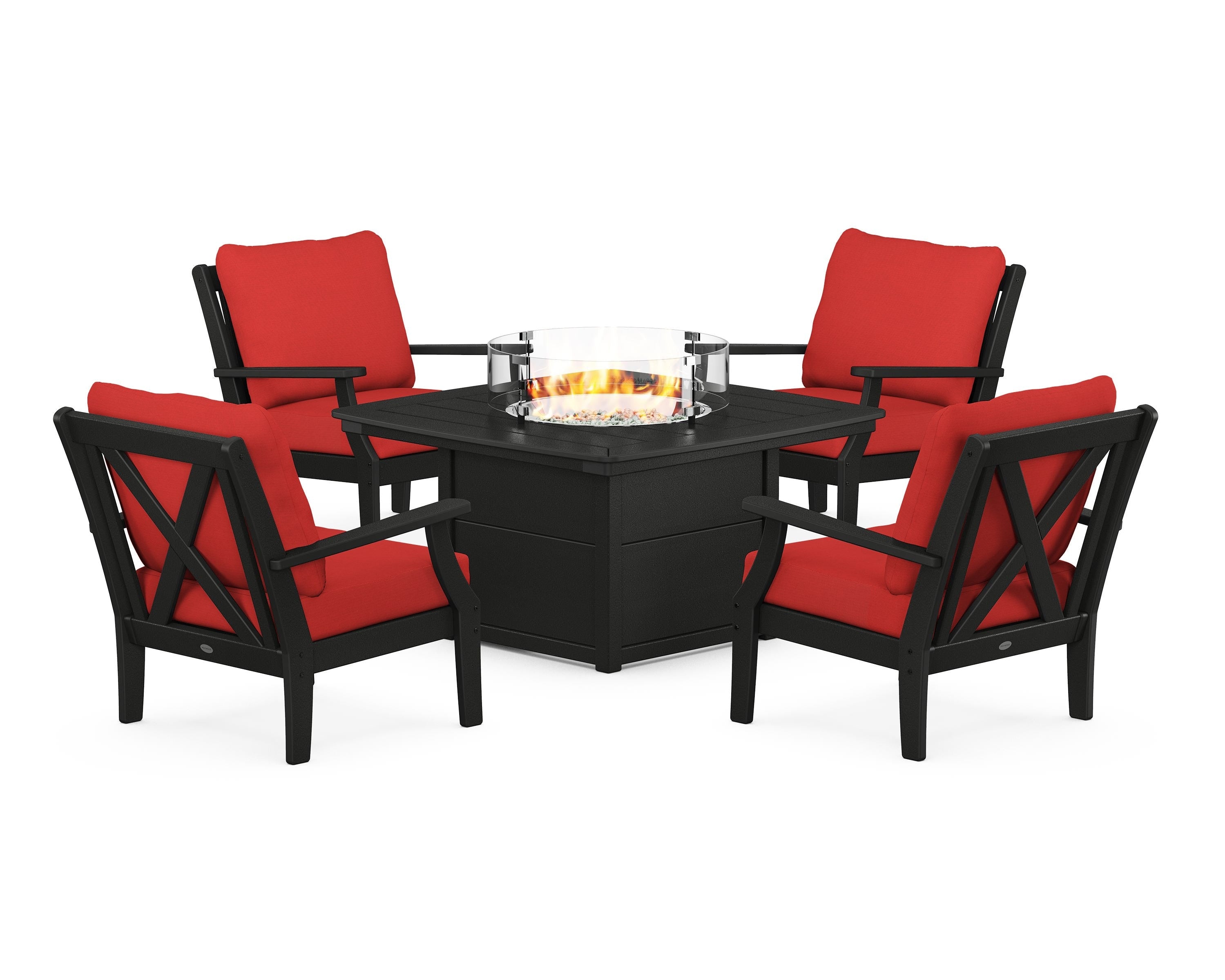 POLYWOOD Braxton 5-Piece Deep Seating Conversation Set with Fire Pit Table in Black / Crimson Linen