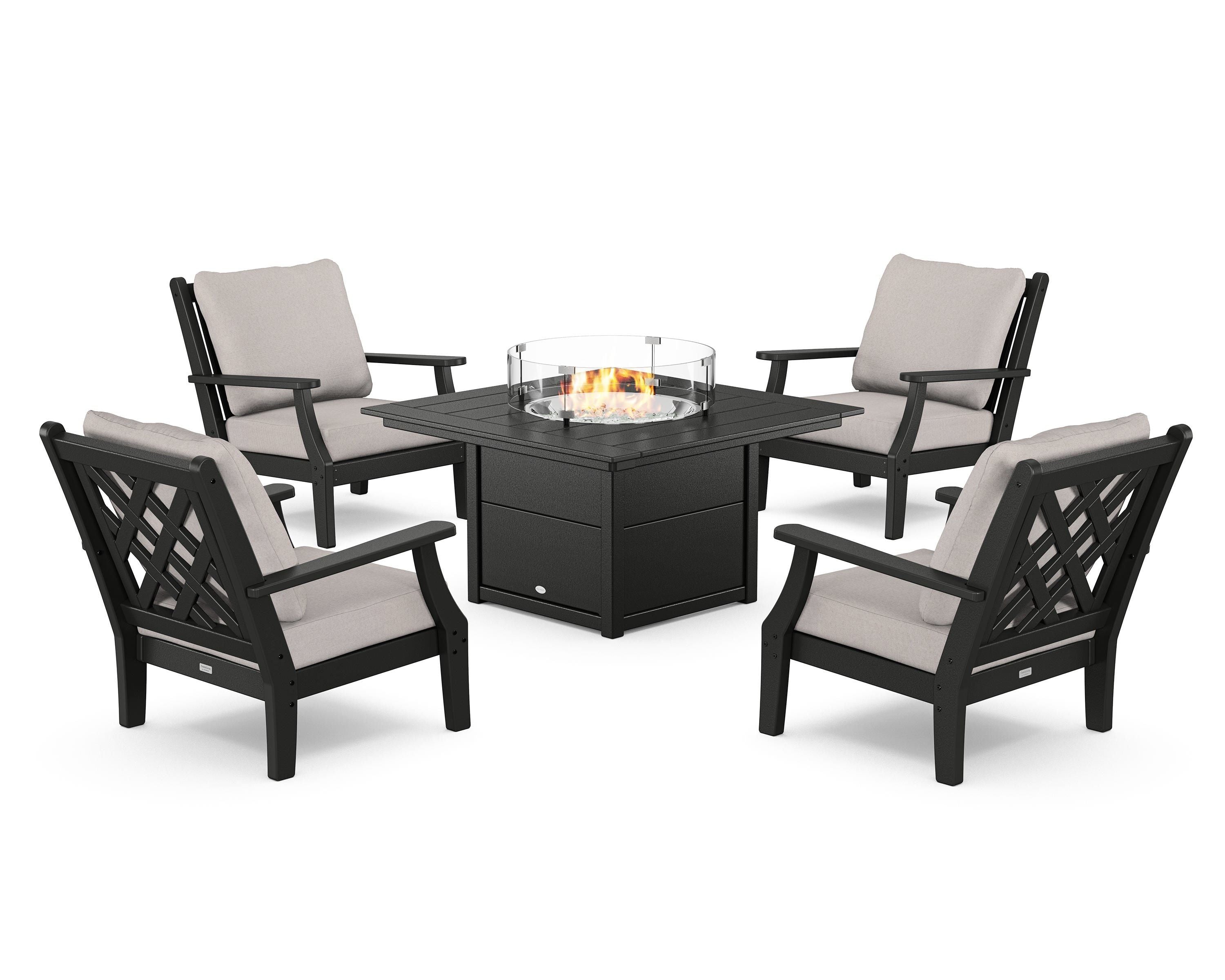 Country Living Wovendale 5-Piece Deep Seating Set with Fire Pit Table in Black / Dune Burlap