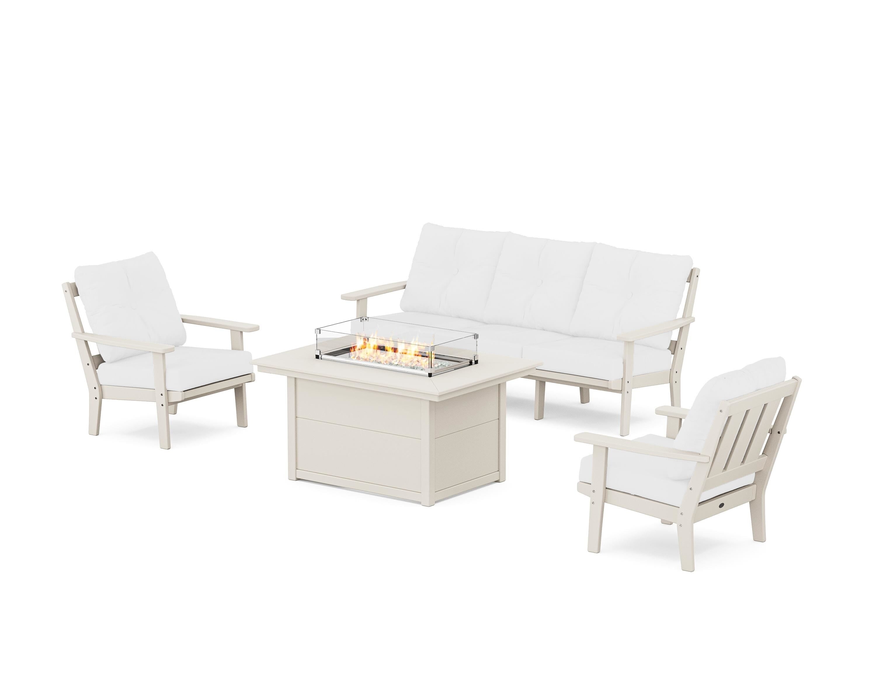 POLYWOOD Oxford Deep Seating Fire Pit Table Set in Sand / Natural