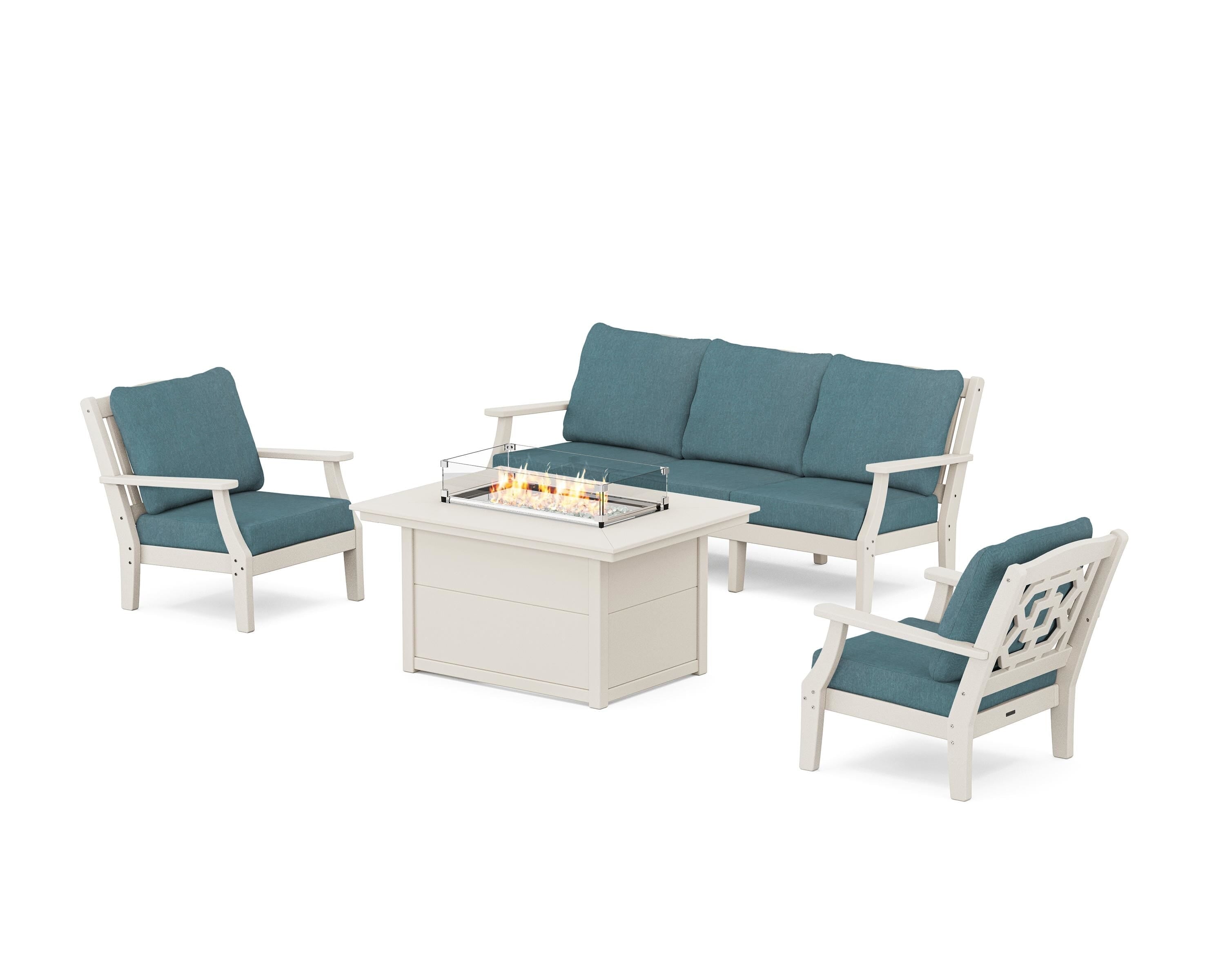 Martha Stewart by POLYWOOD Chinoiserie Deep Seating Fire Pit Table Set in Sand / Ocean Teal