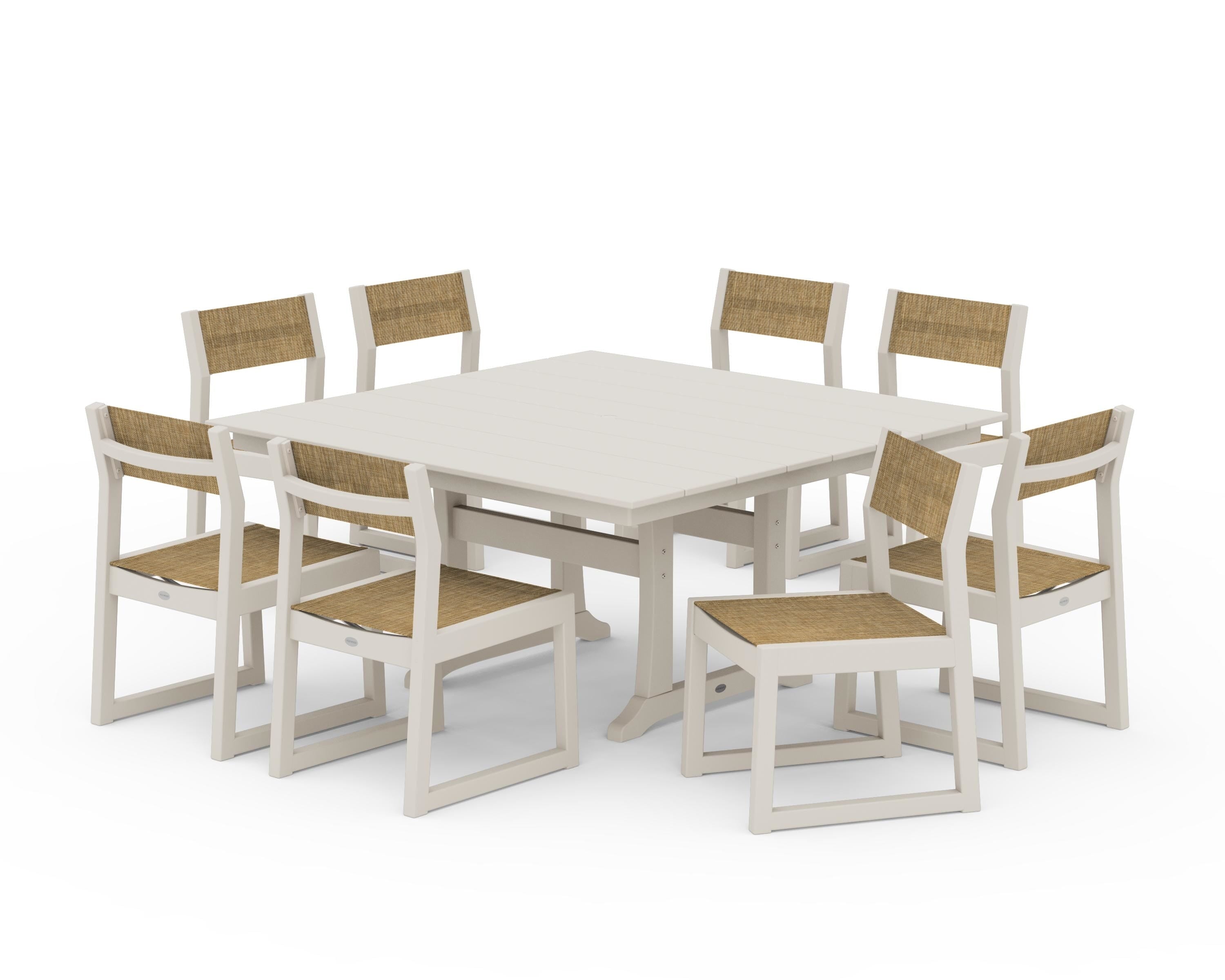 POLYWOOD EDGE Sling Side Chair 9-Piece Farmhouse Trestle Dining Set in Sand / Burlap Sling