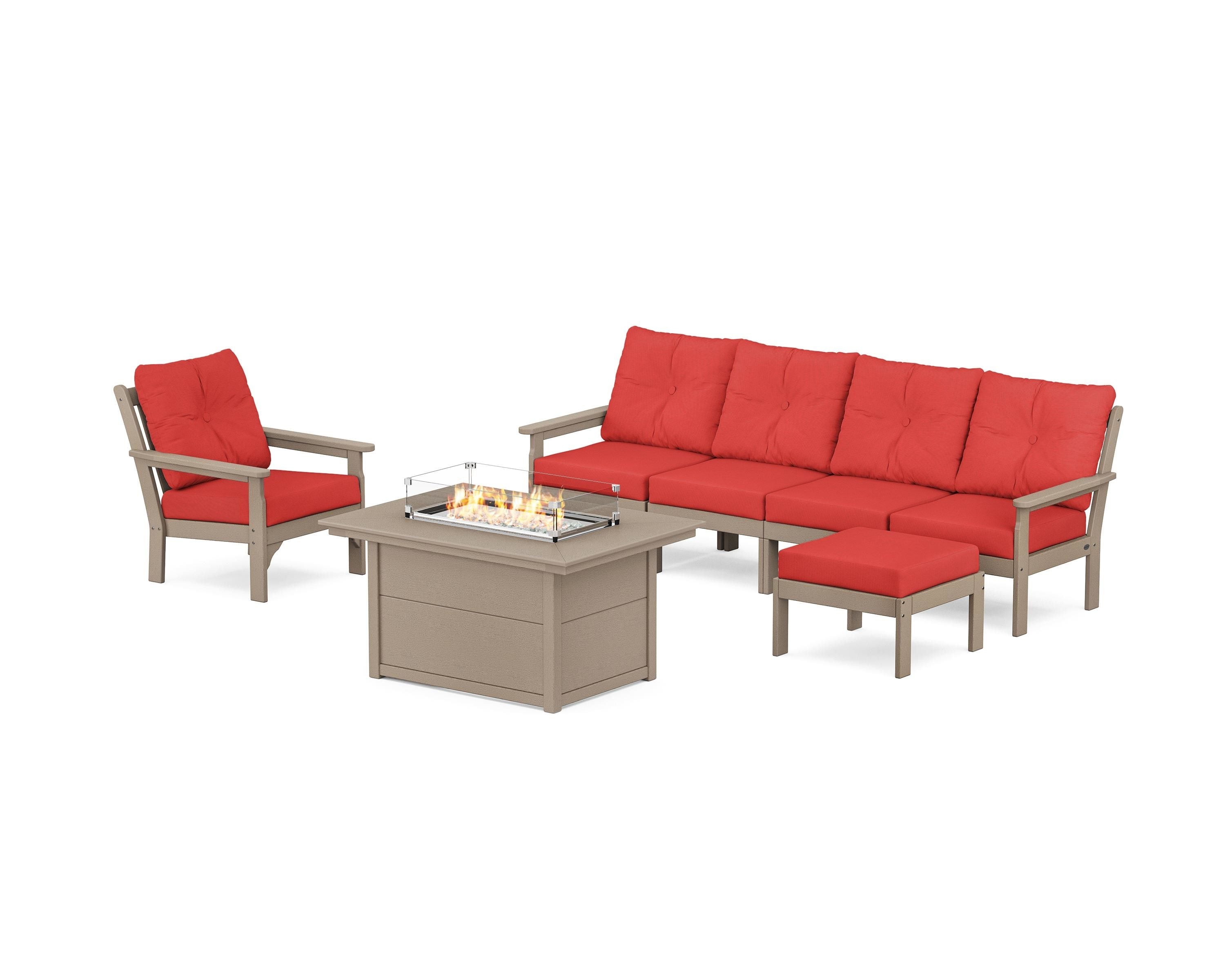 POLYWOOD Vineyard Sectional Lounge and Fire Pit Set in Vintage Sahara / Crimson Linen