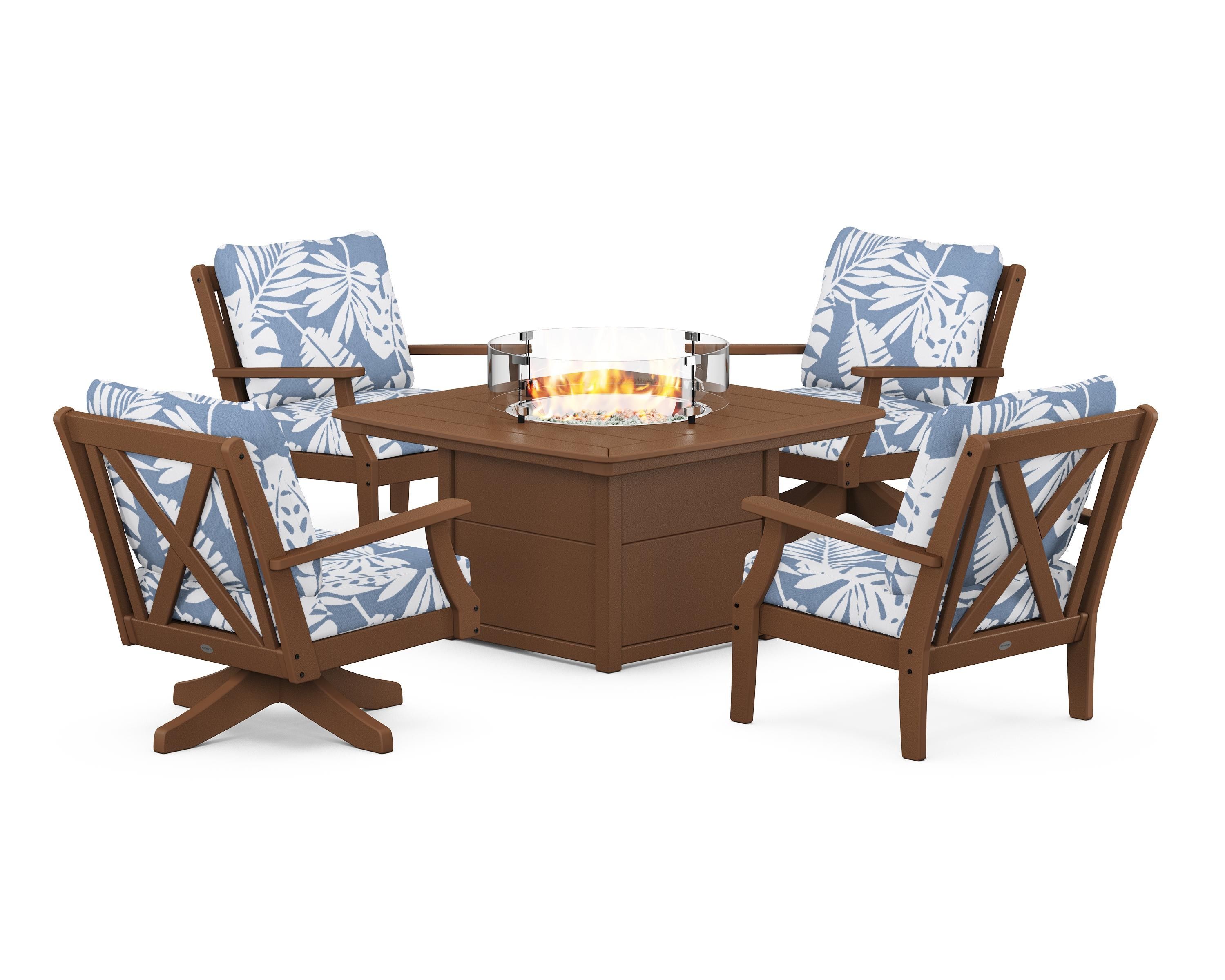 POLYWOOD Braxton 5-Piece Deep Seating Set with Fire Table in Teak / Leaf Sky Blue