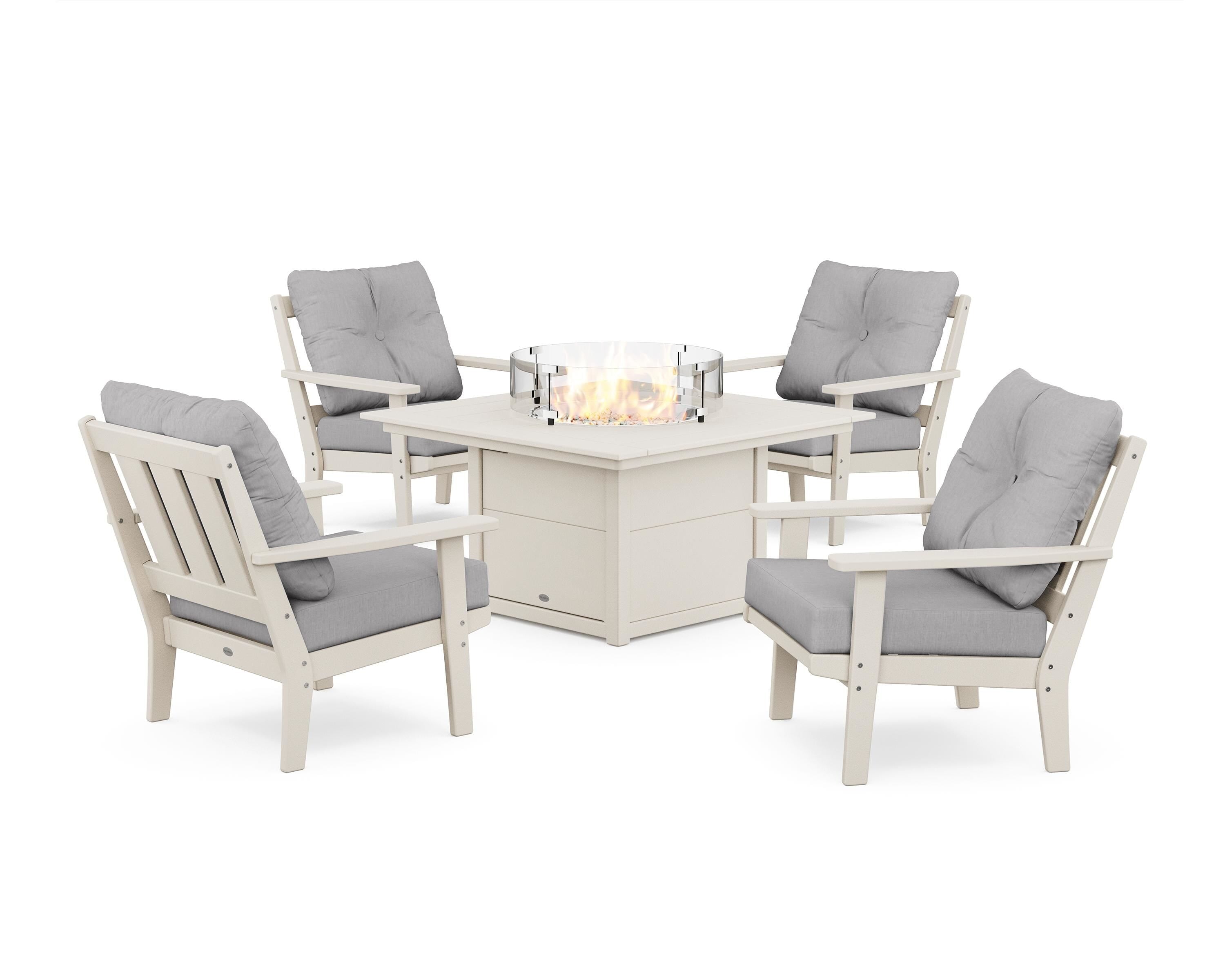 POLYWOOD Oxford 5-Piece Deep Seating Set with Fire Pit Table in Sand / Granite
