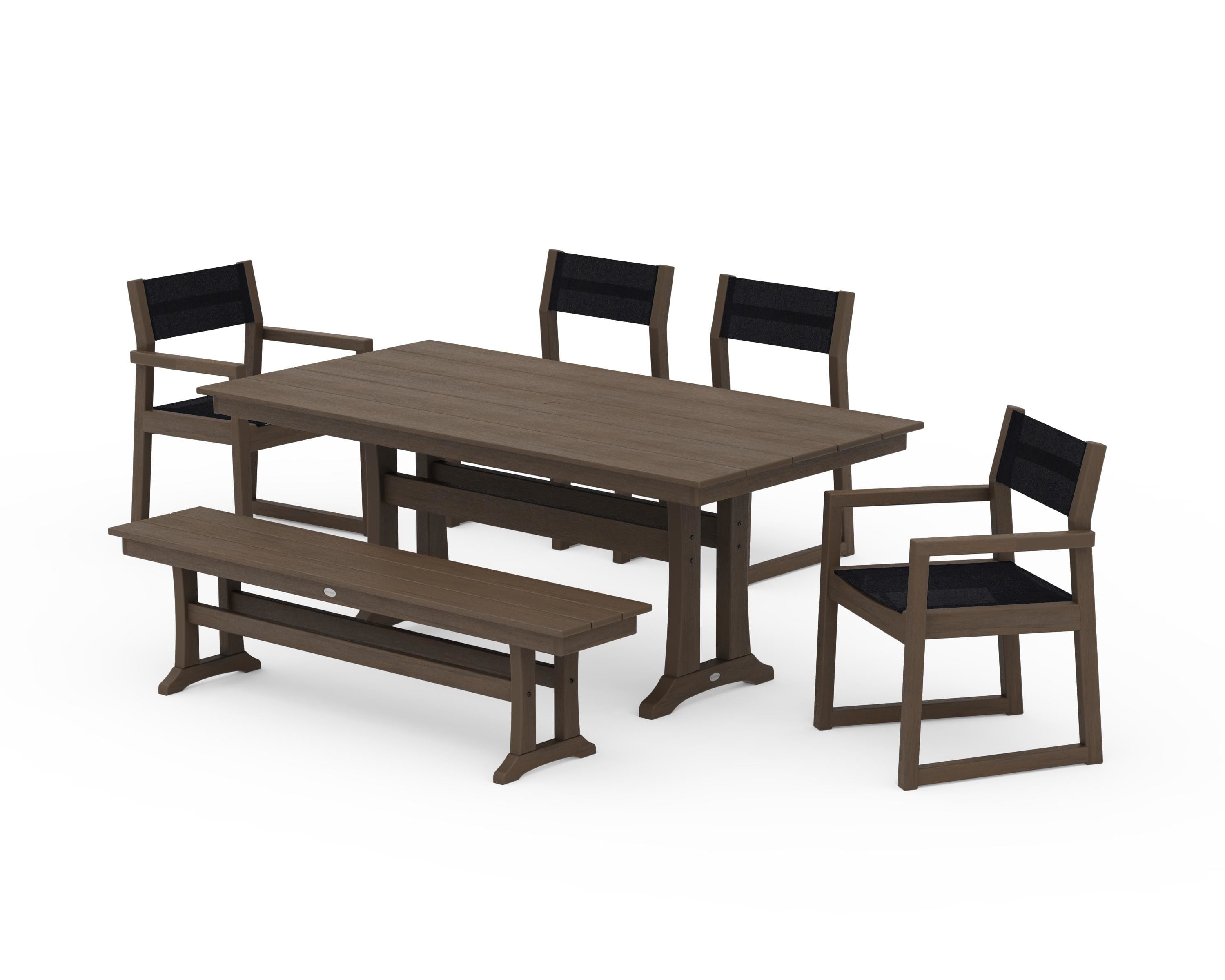 POLYWOOD EDGE Sling 6-Piece Farmhouse Dining Set With Trestle Legs in Kona / Black Sling