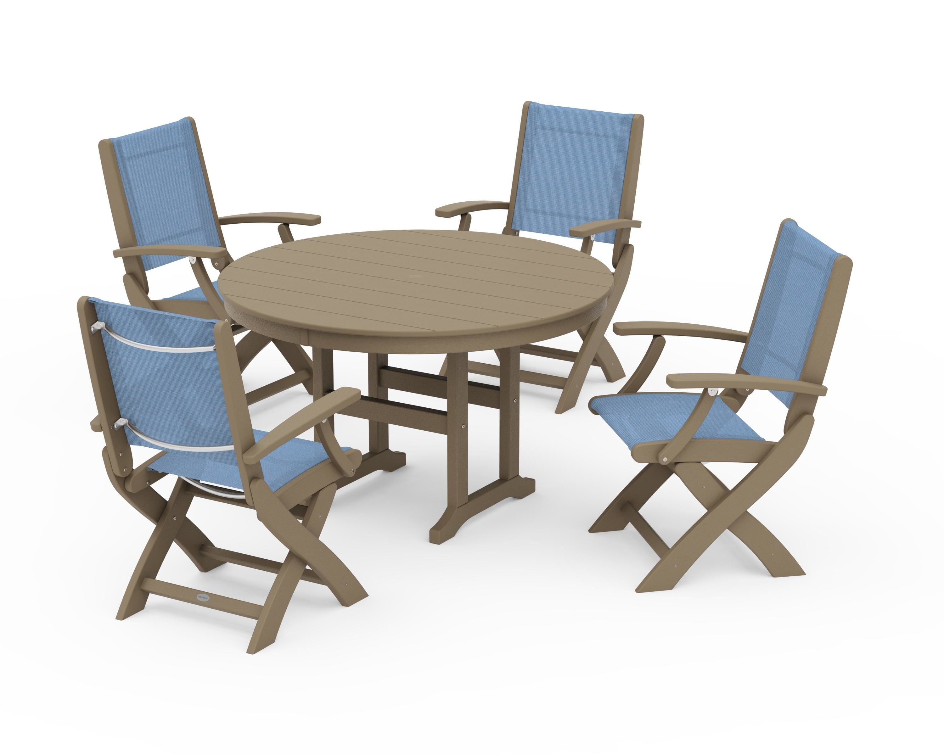 POLYWOOD Coastal Folding Chair 5-Piece Round Dining Set in Vintage Sahara / Poolside Sling