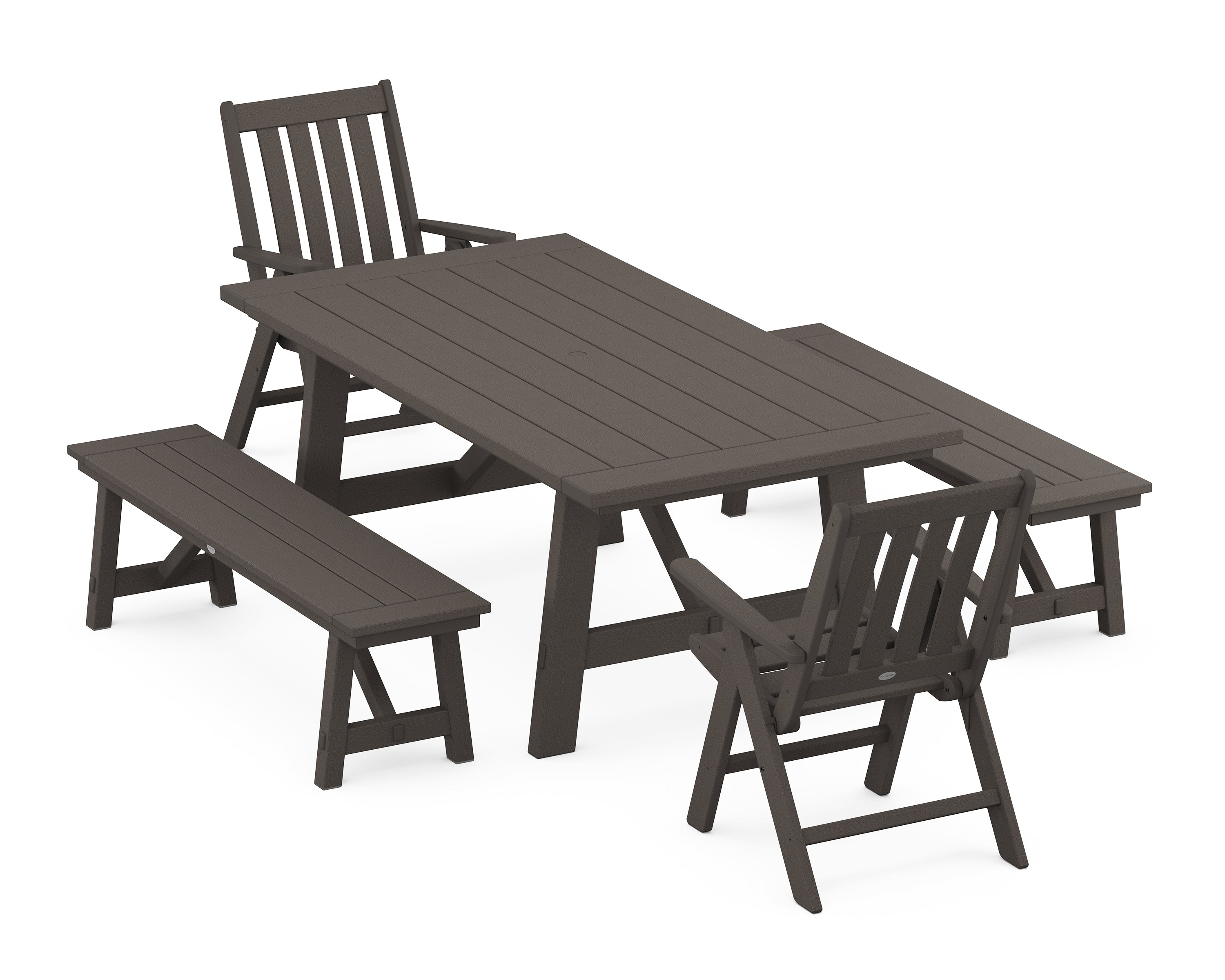 POLYWOOD® Vineyard Folding Chair 5-Piece Rustic Farmhouse Dining Set With Benches in Vintage Coffee