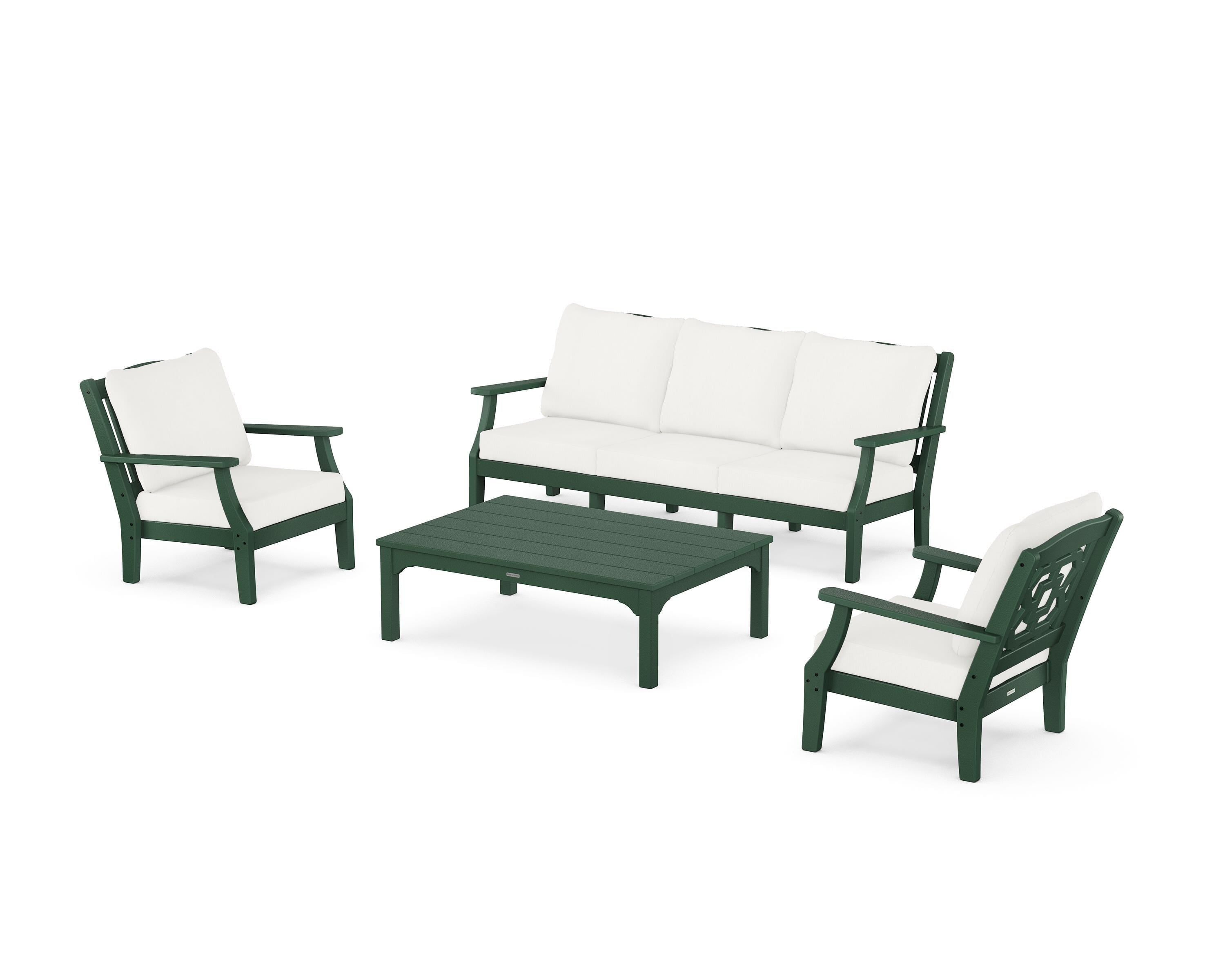 Martha Stewart by POLYWOOD Chinoiserie 4-Piece Deep Seating Set with Sofa in Green / Natural Linen