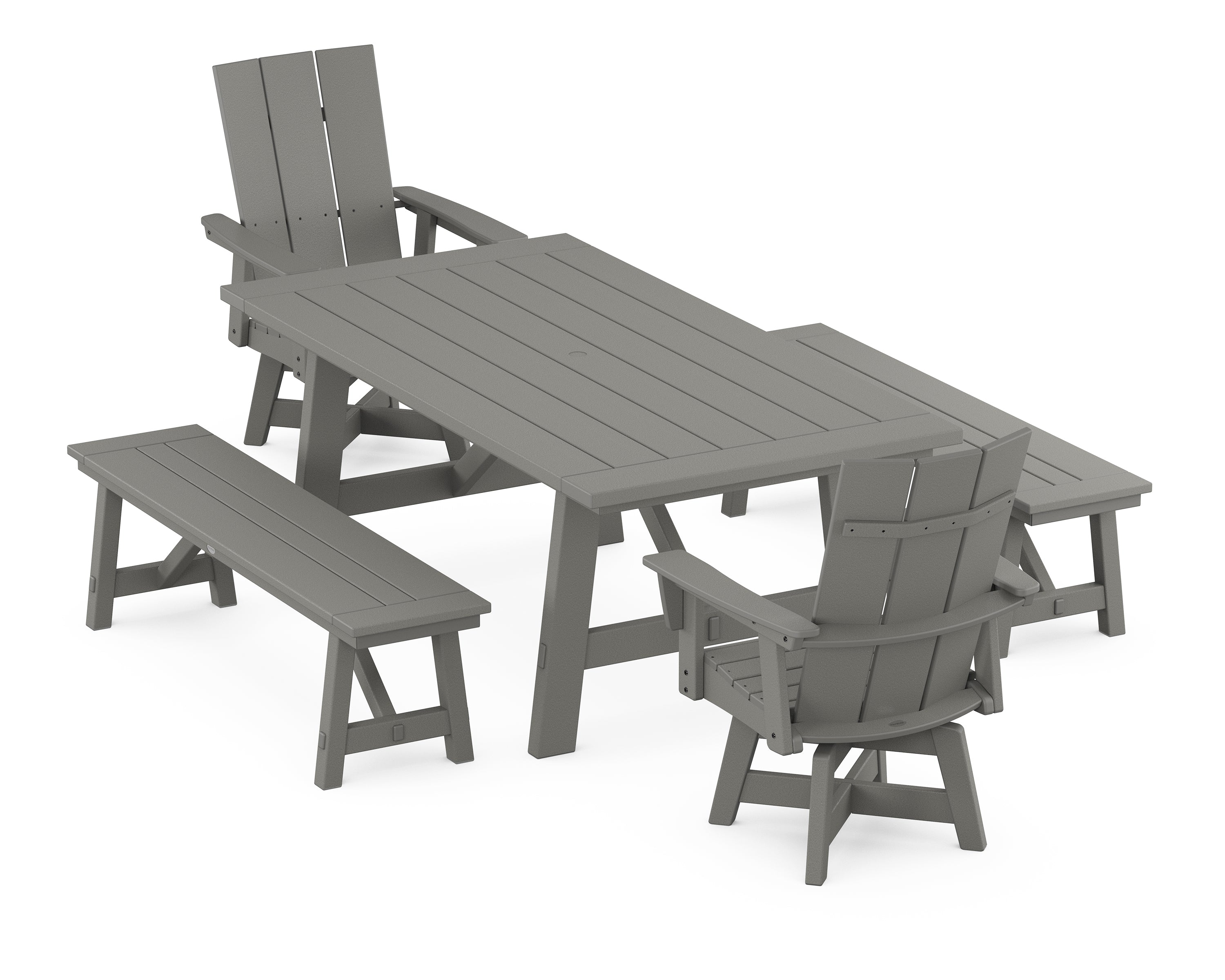 POLYWOOD® Modern Curveback Adirondack Swivel Chair 5-Piece Rustic Farmhouse Dining Set With Benches in Slate Grey