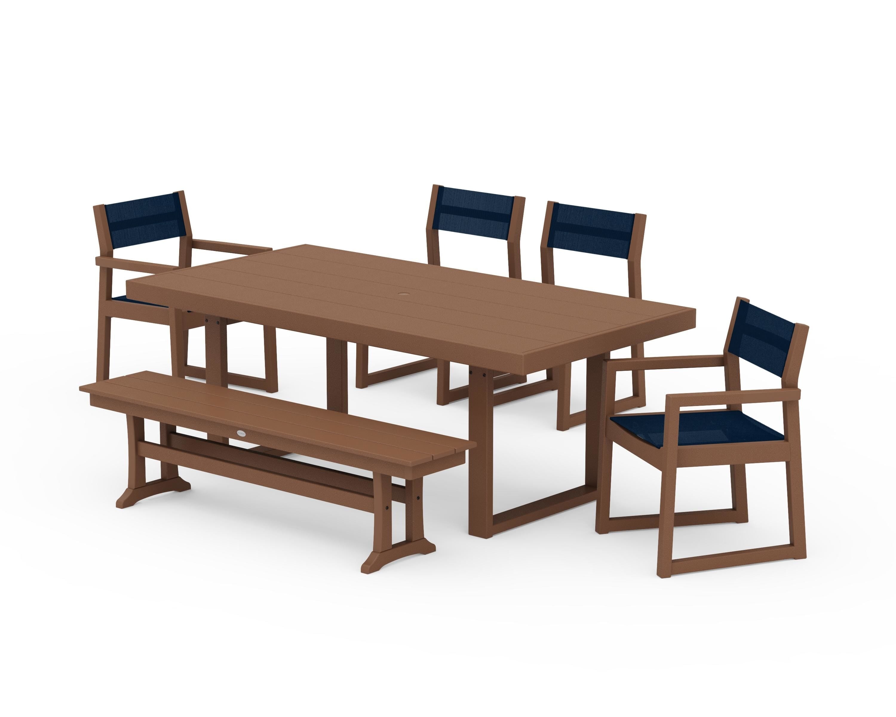 POLYWOOD EDGE Sling 6-Piece Dining Set with Bench in Teak / Navy Blue Sling