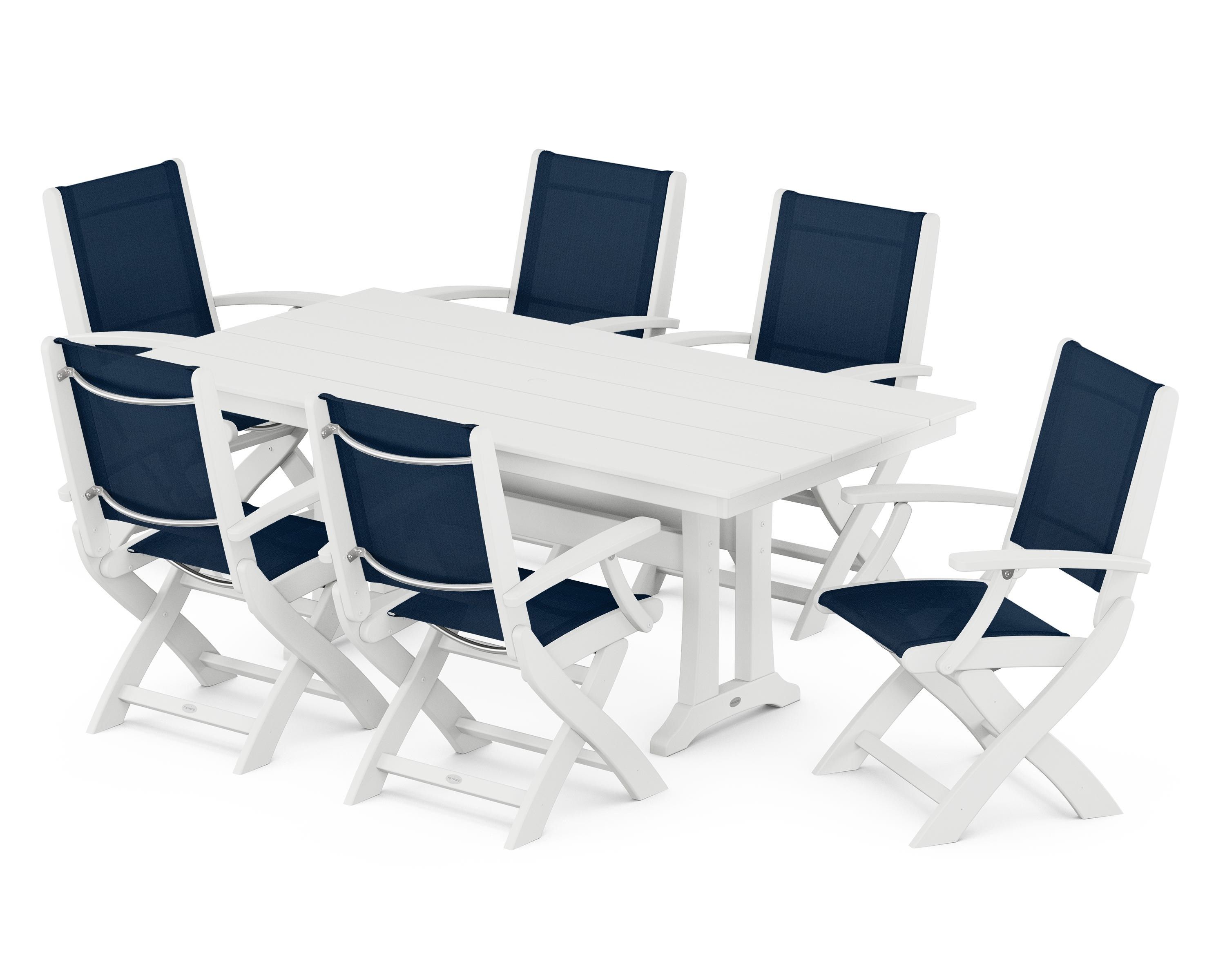 POLYWOOD Coastal Folding Arm Chair 7-Piece Farmhouse Dining Set with Trestle Legs in White / Navy Blue Sling