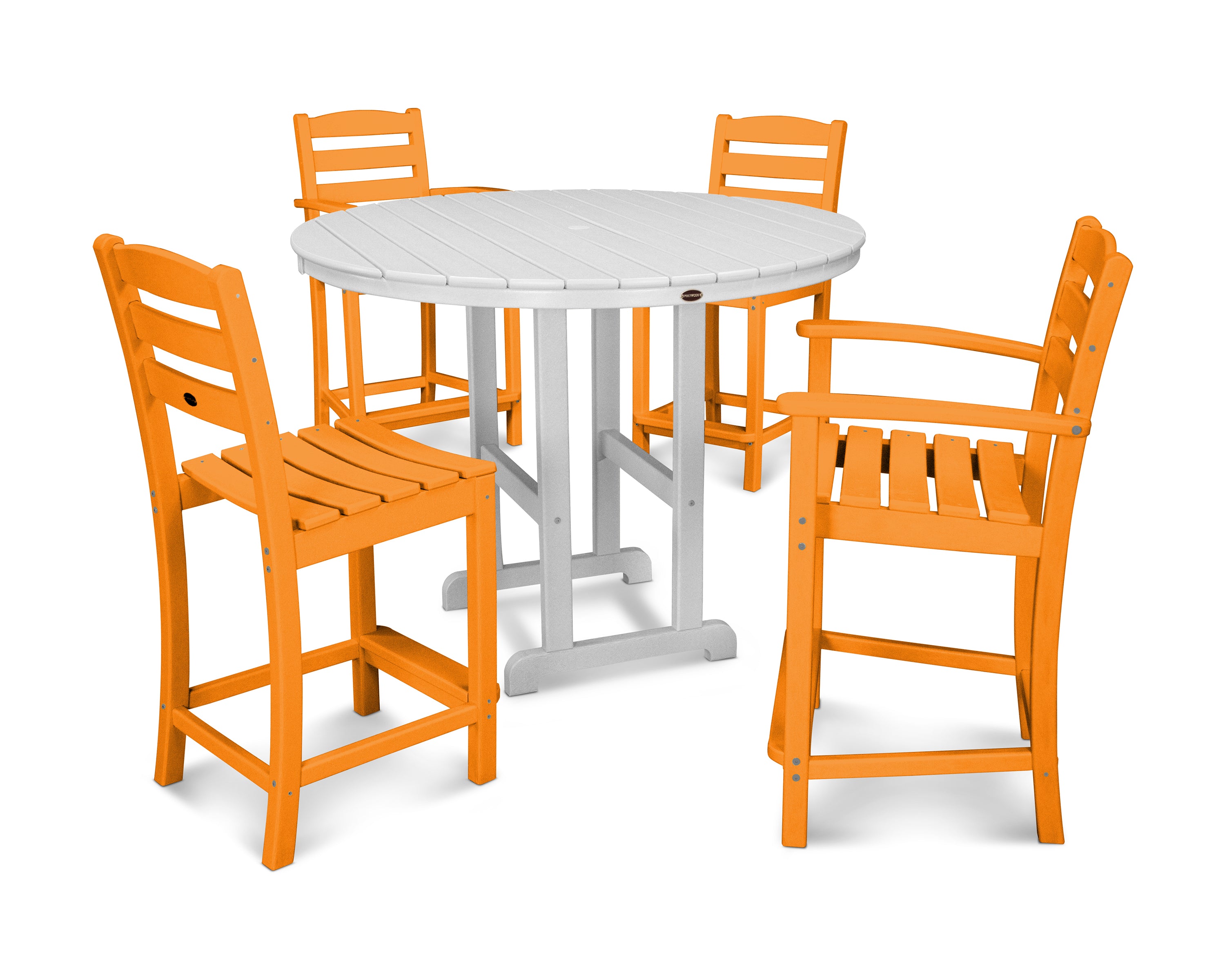 POLYWOOD® La Casa Café 5-Piece Round Farmhouse Counter Dining Set in Tangerine / White