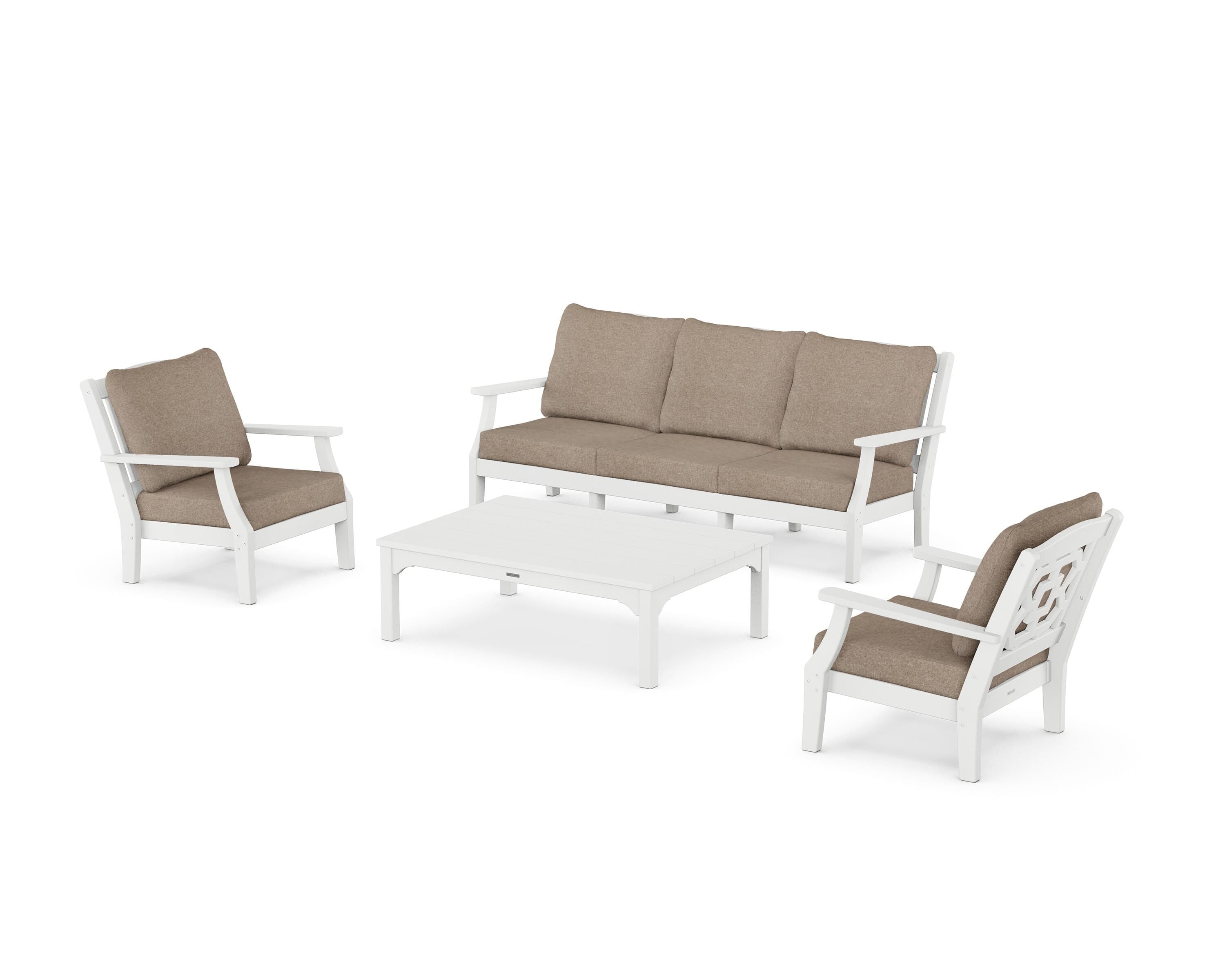 Martha Stewart by POLYWOOD Chinoiserie 4-Piece Deep Seating Set with Sofa in White / Spiced Burlap
