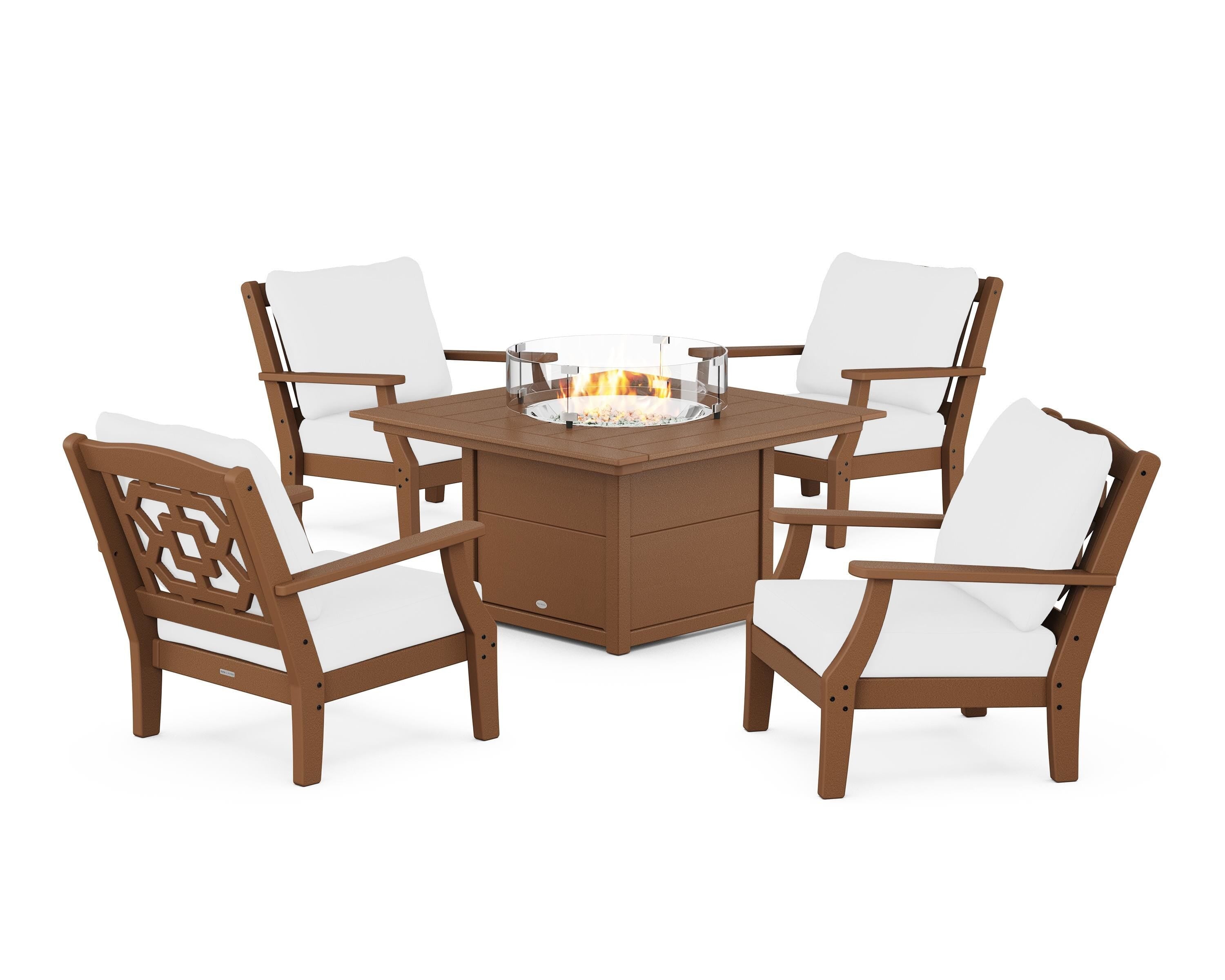 Martha Stewart by POLYWOOD Chinoiserie 5-Piece Deep Seating Set with Fire Pit Table in Teak / Natural