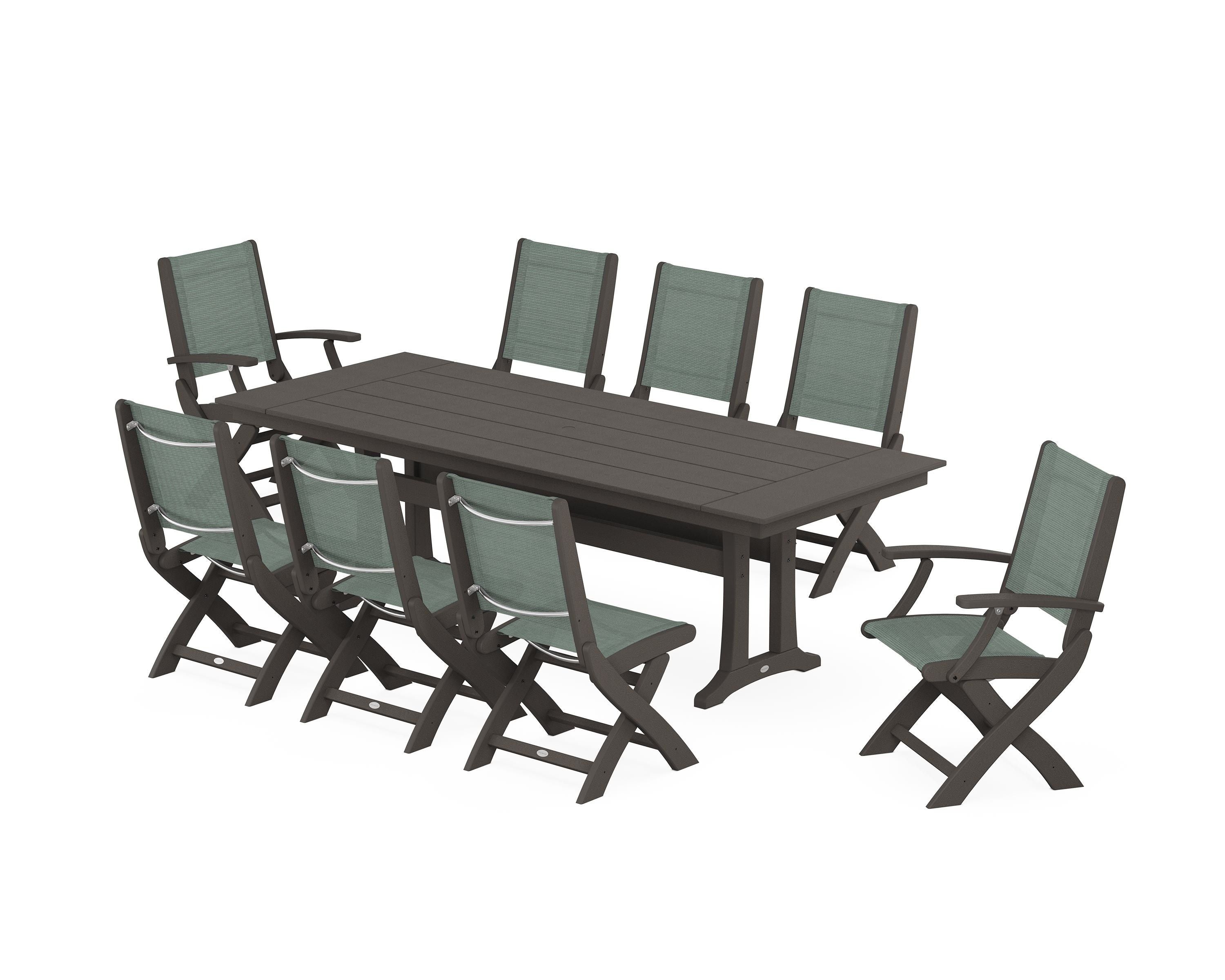 POLYWOOD Coastal 9-Piece Folding Dining Chair Farmhouse Dining Set with Trestle Legs in Vintage Coffee / Dupioni Sea Mist Sling