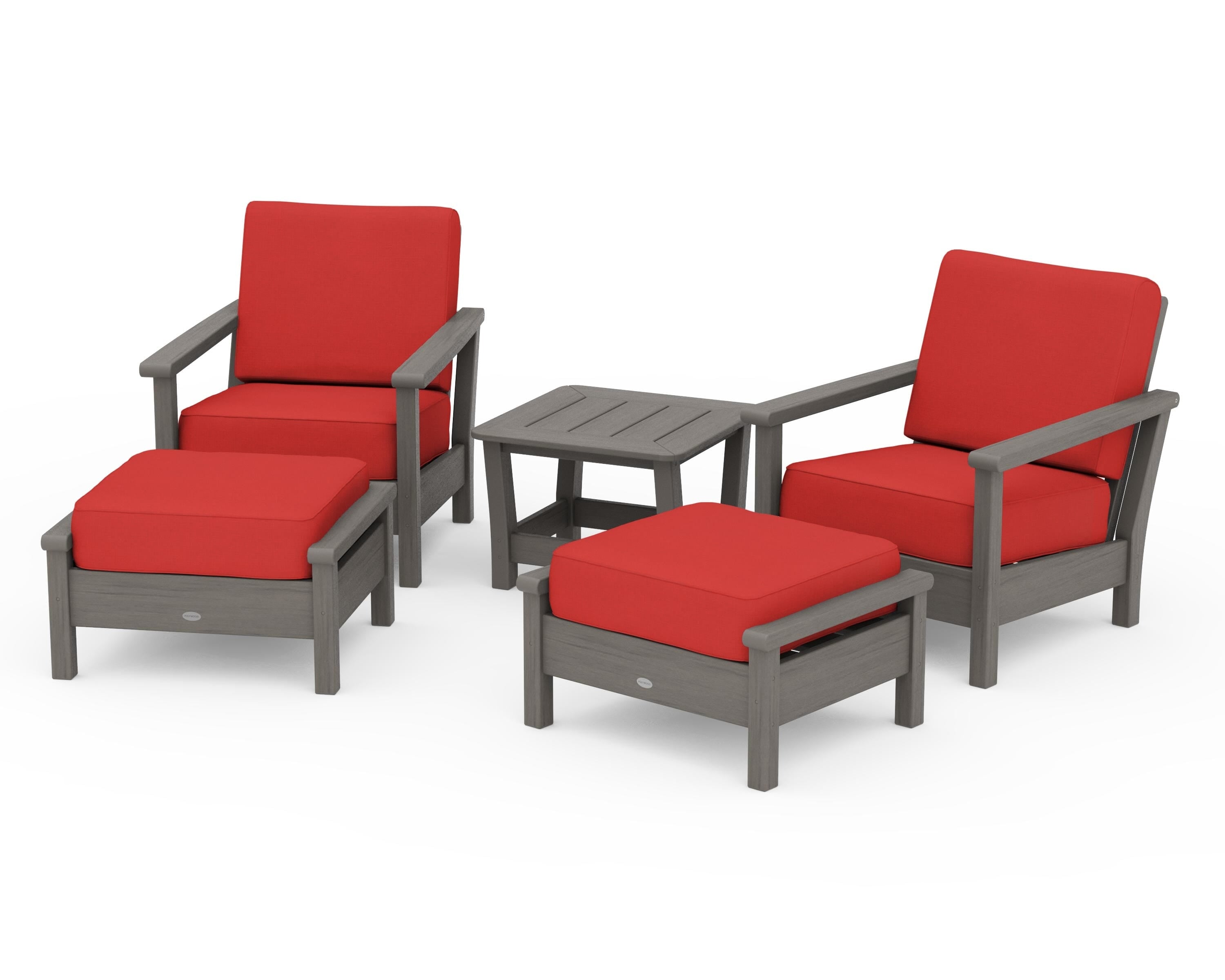 POLYWOOD Harbour 5-Piece Deep Seating Chair Set in Driftwood / Crimson Linen