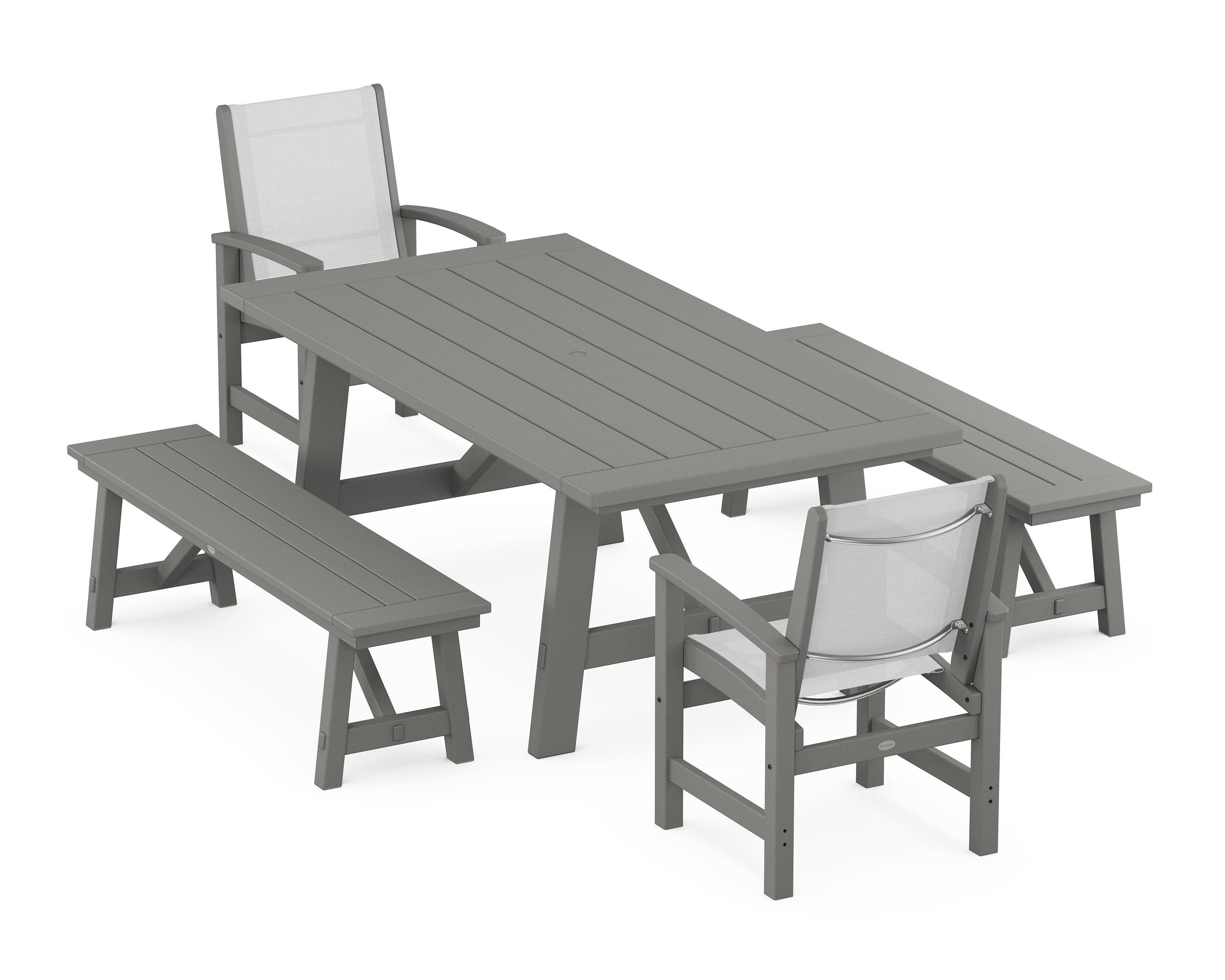 POLYWOOD Coastal 5-Piece Rustic Farmhouse Dining Set With Benches in Slate Grey / White Sling