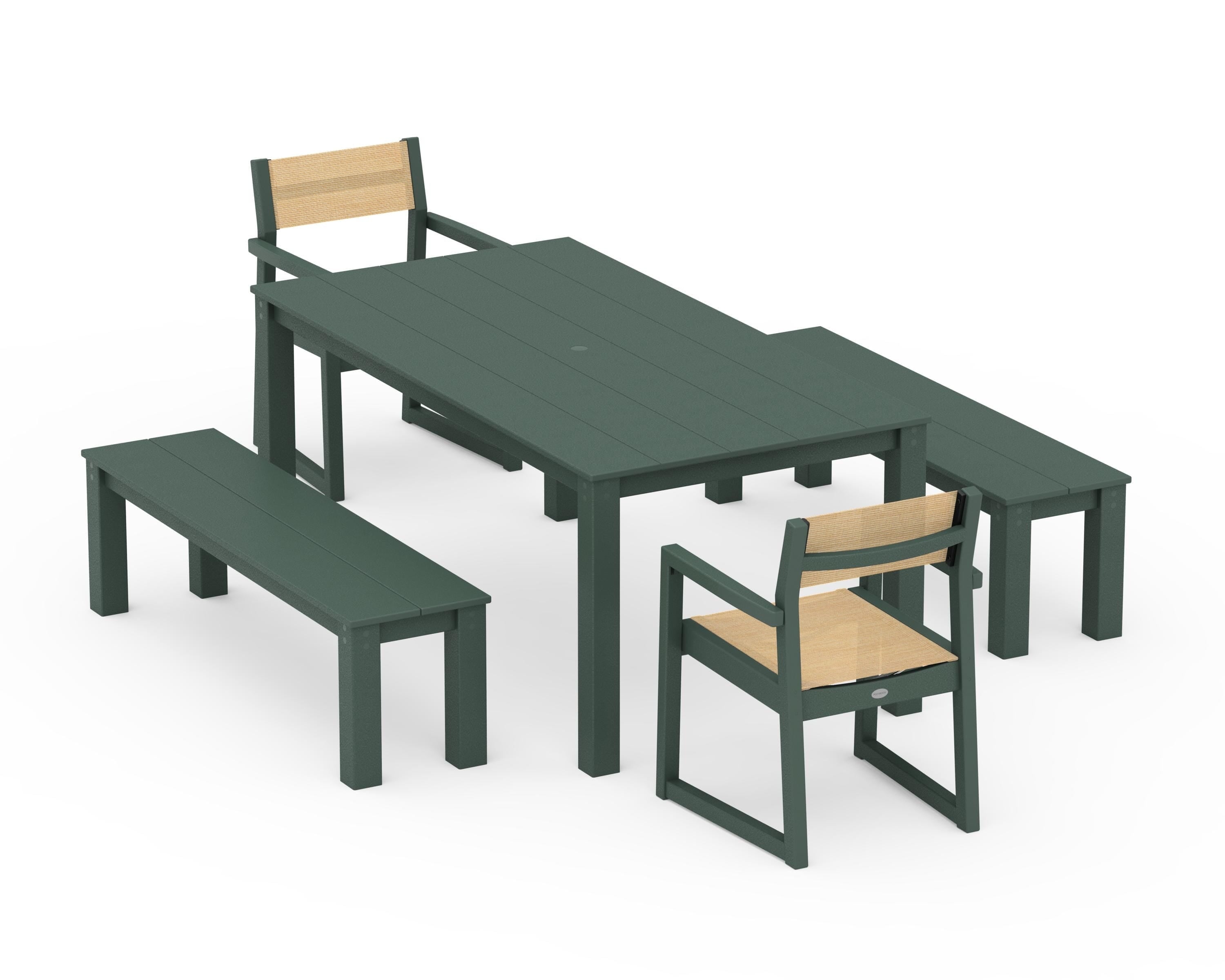 POLYWOOD EDGE Sling Arm Chair 5-Piece Parsons Dining Set with Benches in Green / Dupioni Apricot Sling