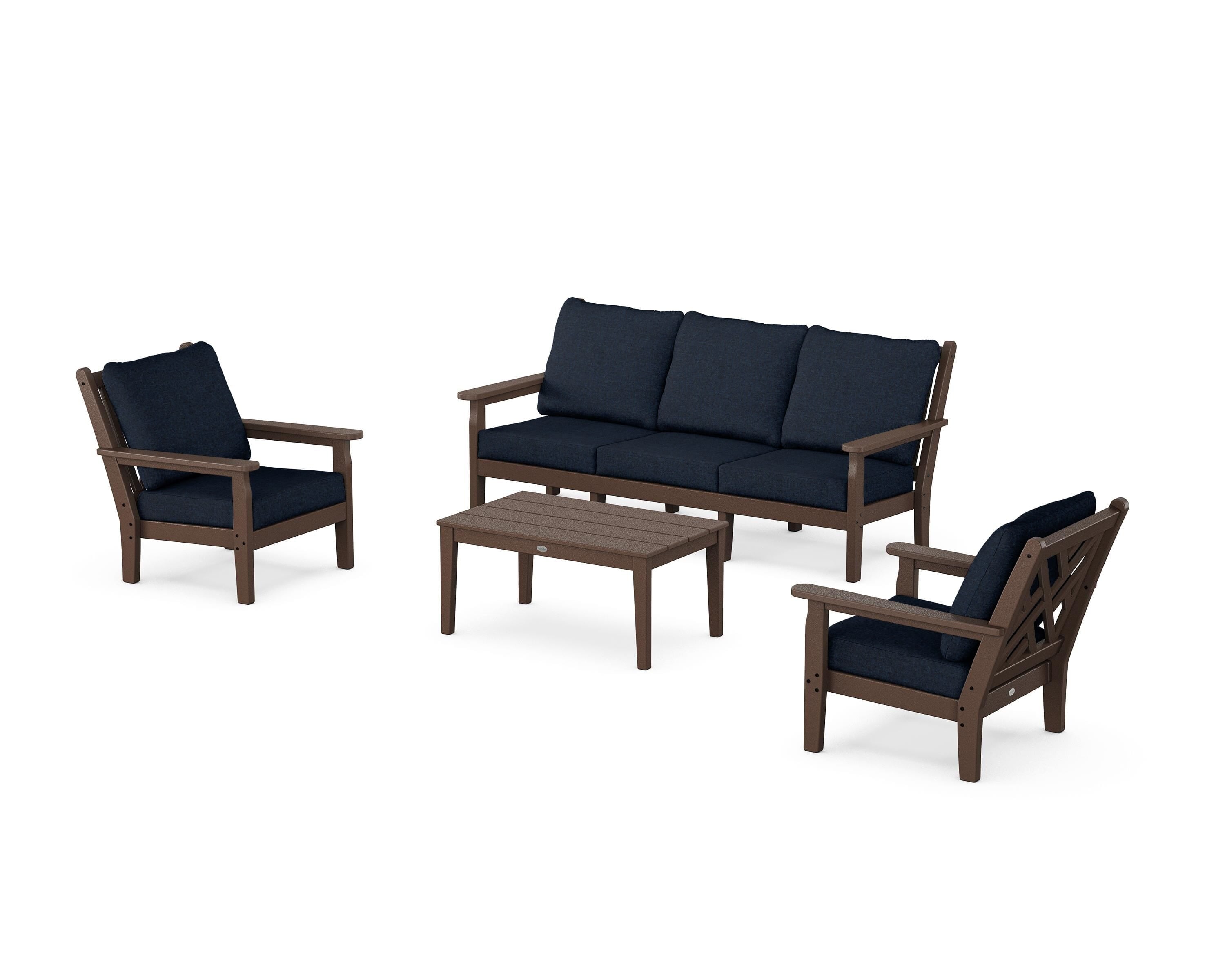 POLYWOOD Chippendale 4-Piece Deep Seating Set with Sofa in Mahogany / Marine Indigo