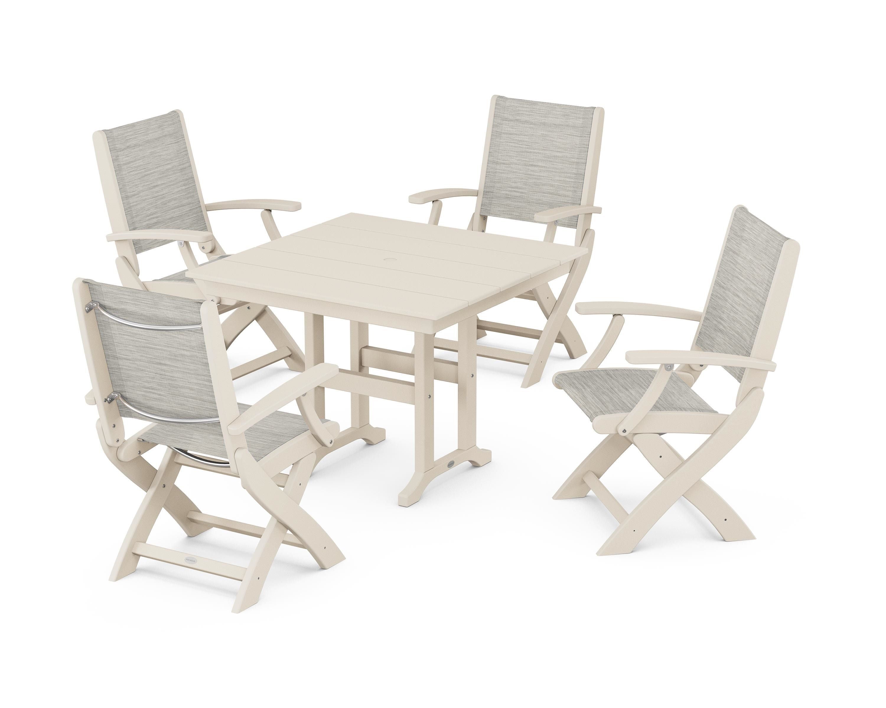 POLYWOOD Coastal Folding Chair 5-Piece Farmhouse Dining Set in Sand / Birch Sling