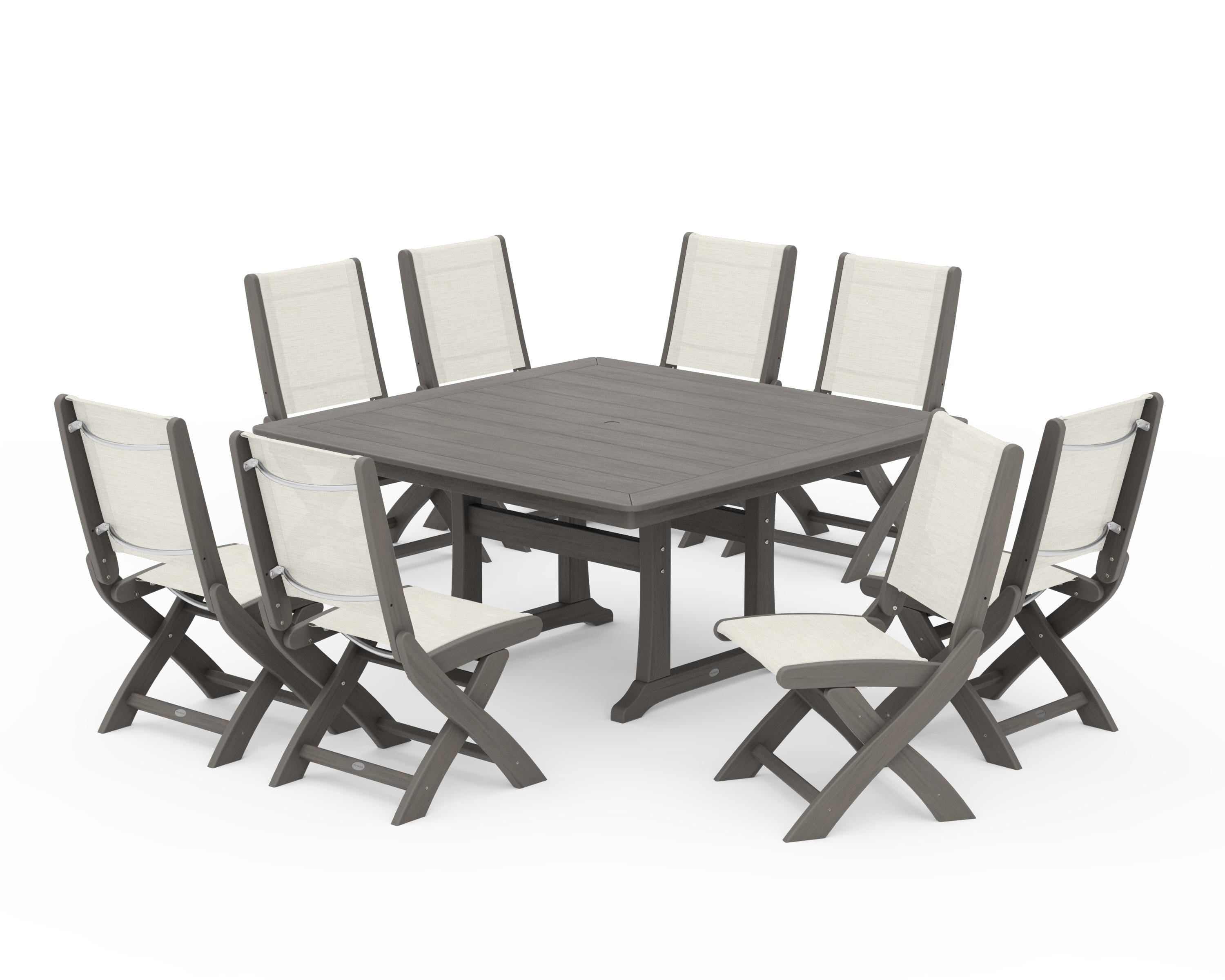 POLYWOOD Coastal Folding Side Chair 9-Piece Dining Set with Trestle Legs in Driftwood / Parchment Sling