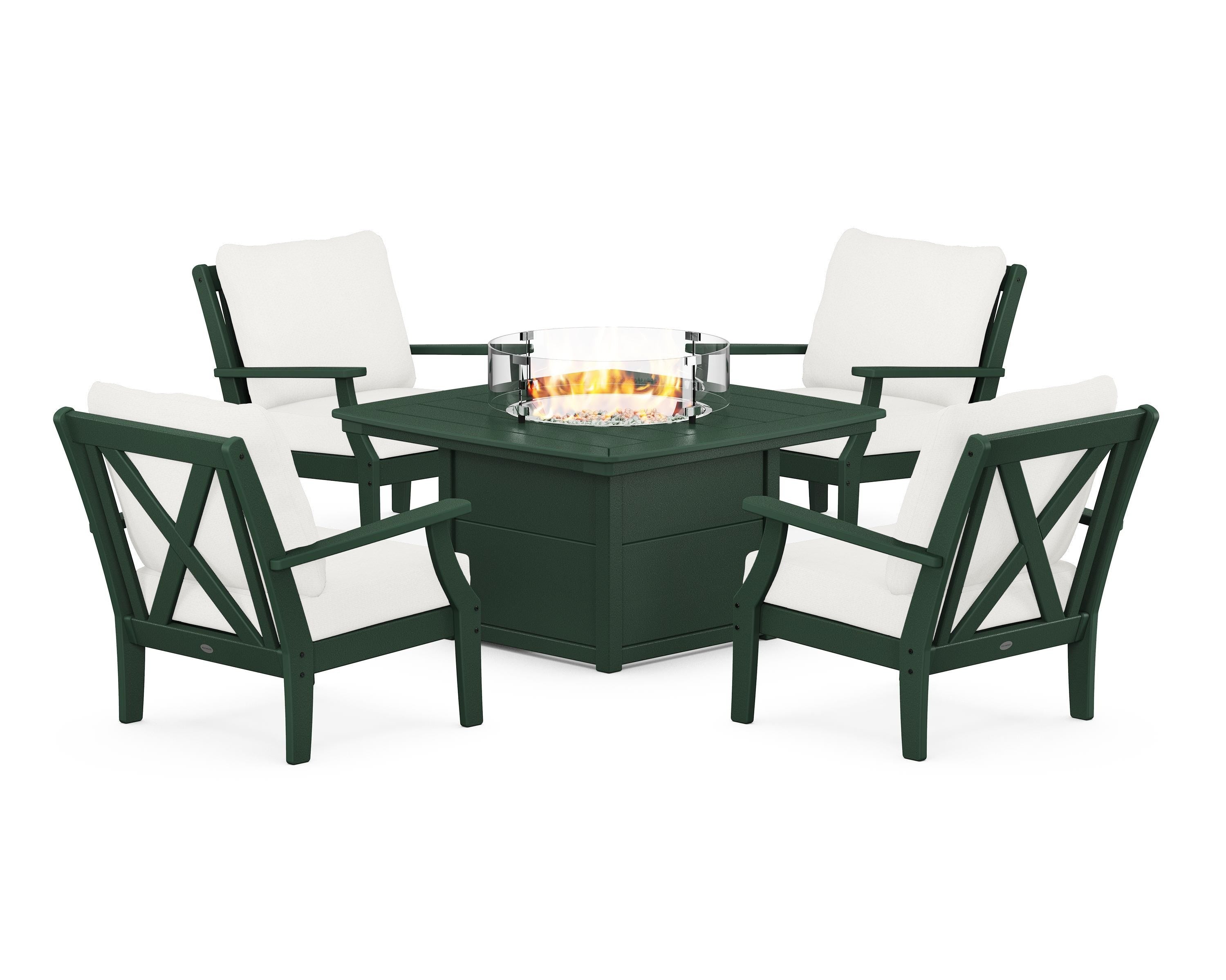 POLYWOOD Braxton 5-Piece Deep Seating Conversation Set with Fire Pit Table in Green / Natural Linen