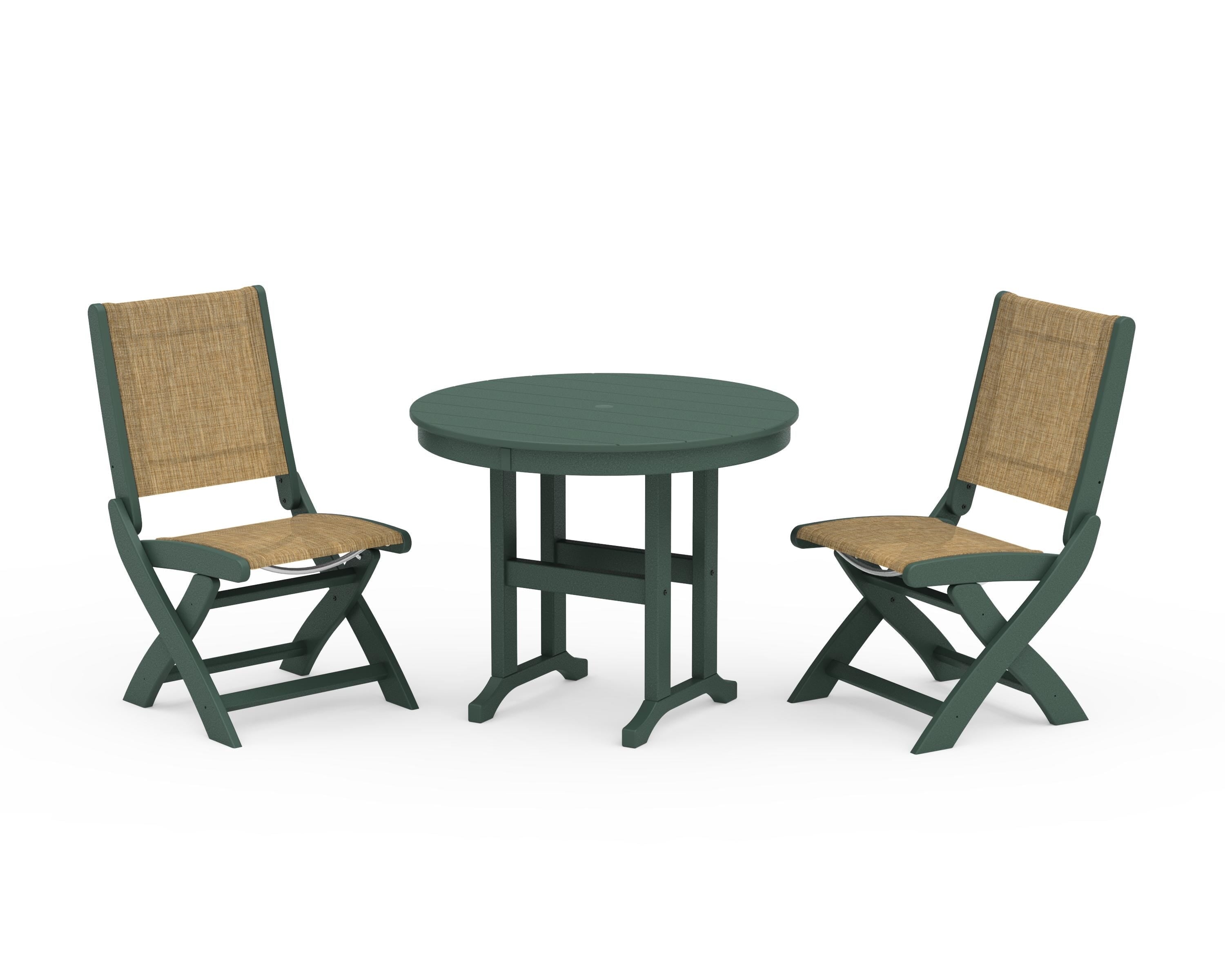POLYWOOD Coastal Folding Side Chair 3-Piece Round Dining Set in Green / Burlap Sling