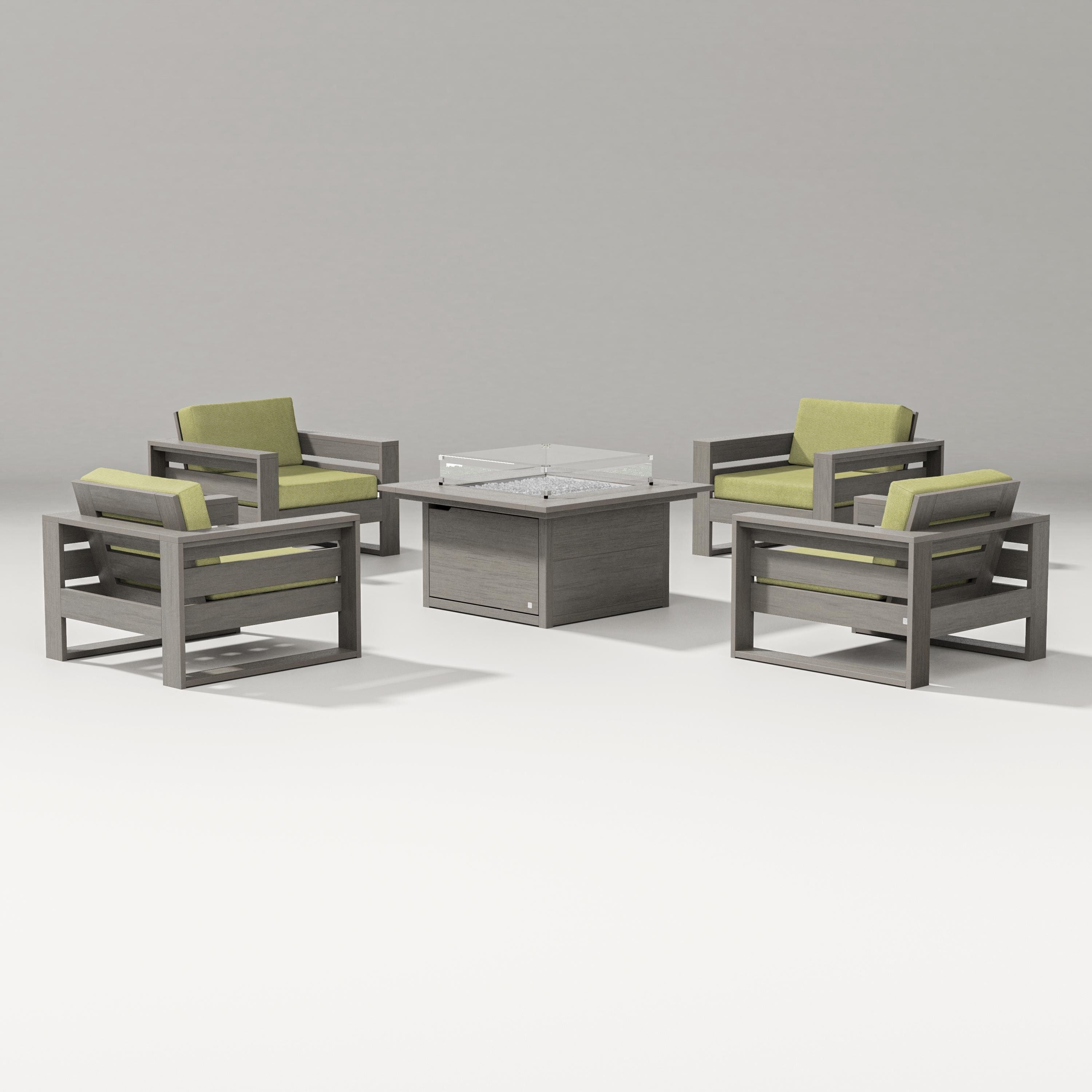 PW Designer Series Latitude 5-Piece Lounge Fire Table Set in Driftwood / Chartreuse Boucle