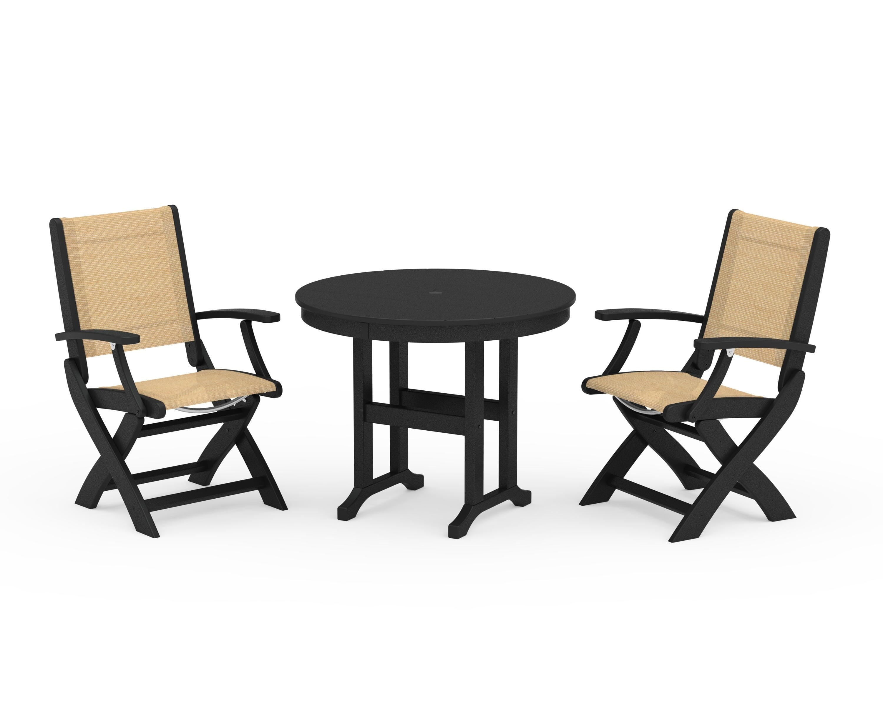 POLYWOOD Coastal Folding Chair 3-Piece Round Dining Set in Black / Dupioni Apricot Sling