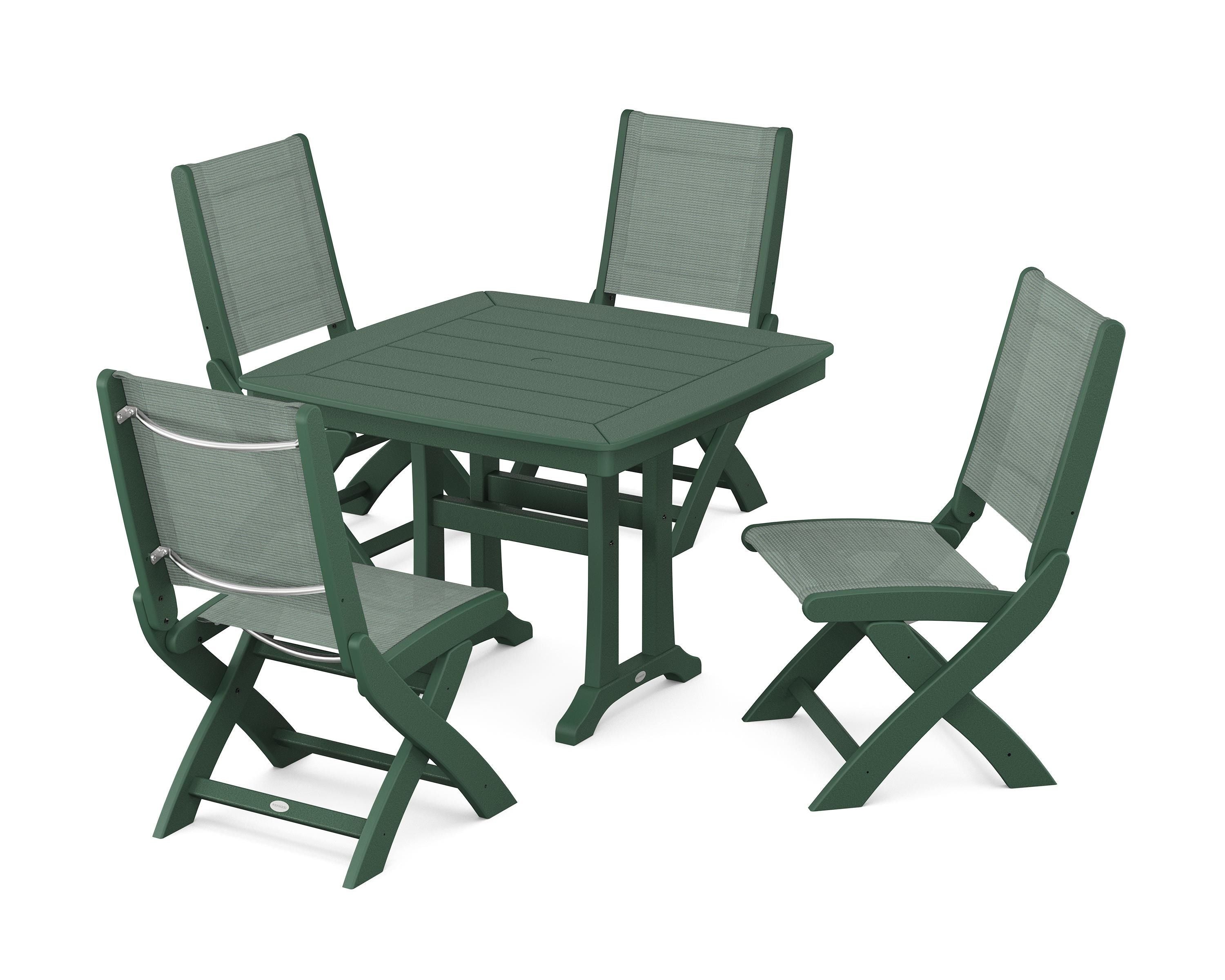 POLYWOOD Coastal Folding Side Chair 5-Piece Dining Set with Trestle Legs in Green / Dupioni Sea Mist Sling