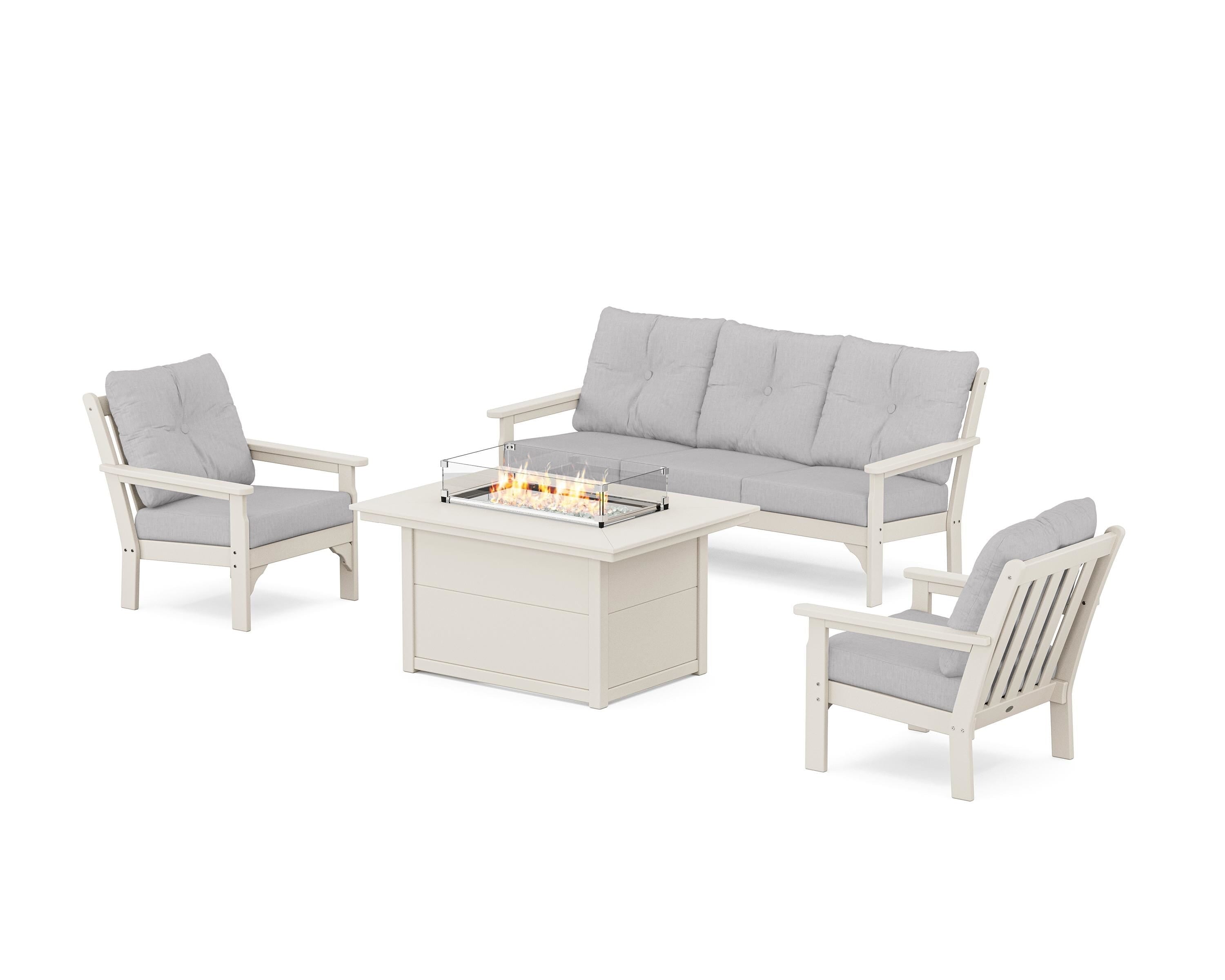 POLYWOOD Vineyard Deep Seating Fire Pit Table Set in Sand / Granite