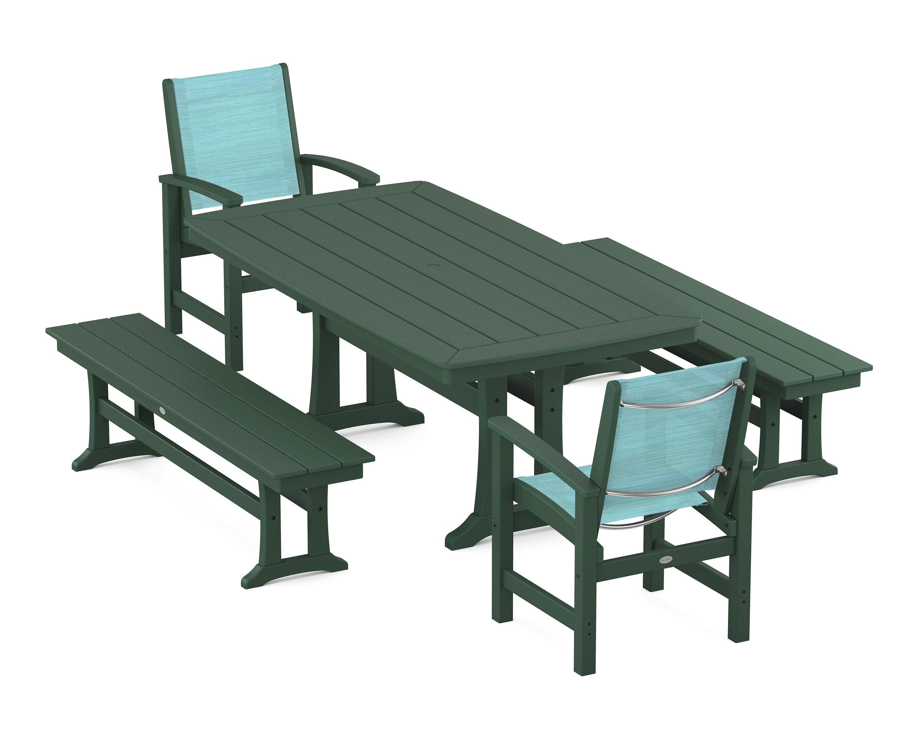 POLYWOOD Coastal 5-Piece Dining Set with Trestle Legs and Benches in Green / Dupioni Aquamarine Sling