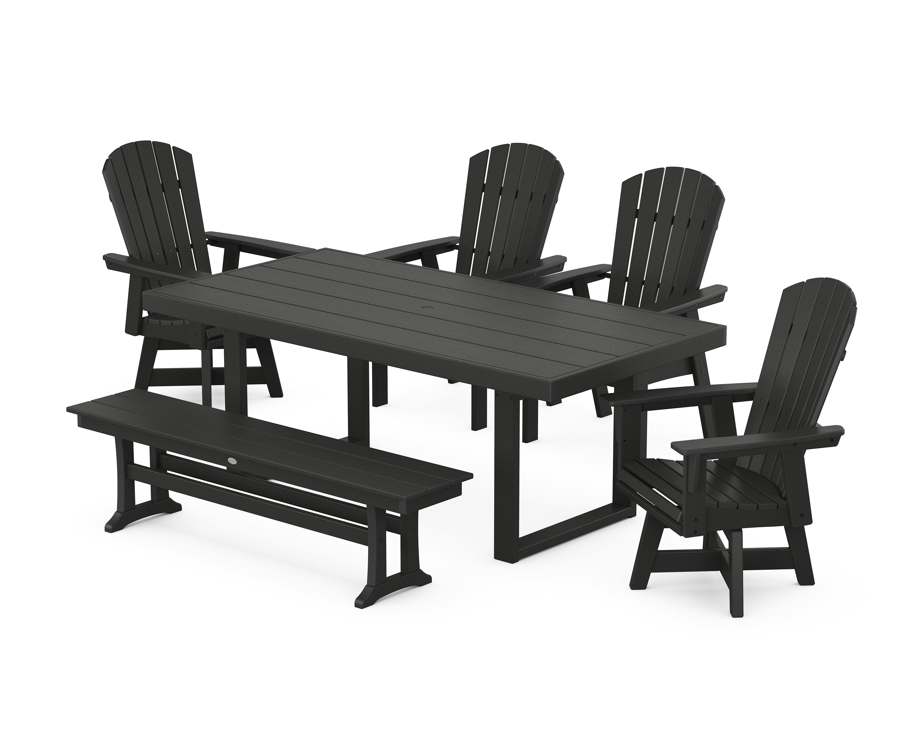 POLYWOOD® Nautical Curveback Adirondack Swivel Chair 6-Piece Dining Set with Bench in Black