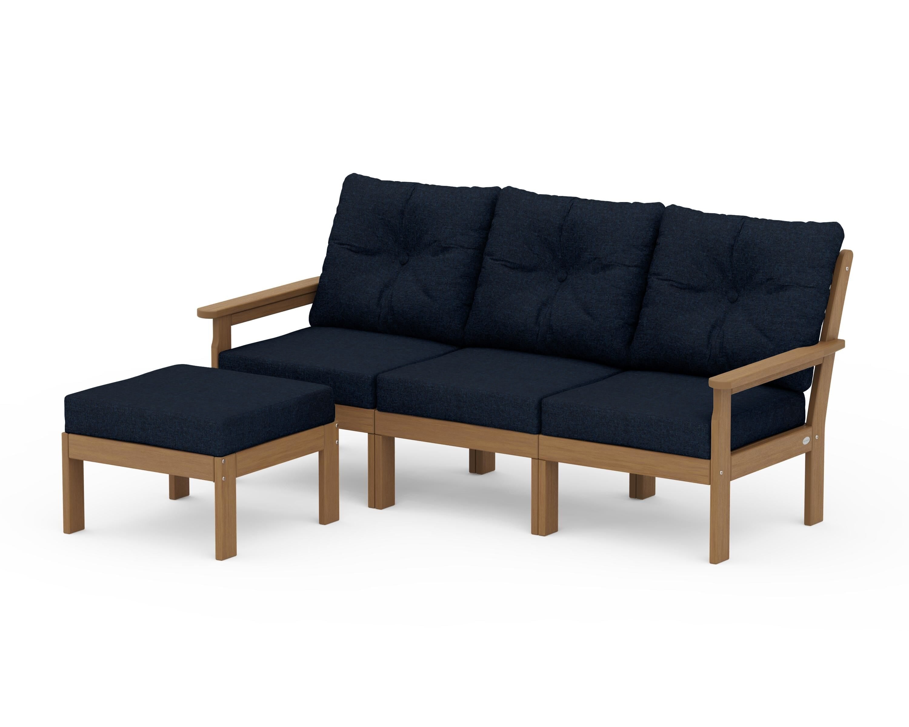 POLYWOOD Vineyard 4-Piece Sectional with Ottoman in Natural / Marine Indigo
