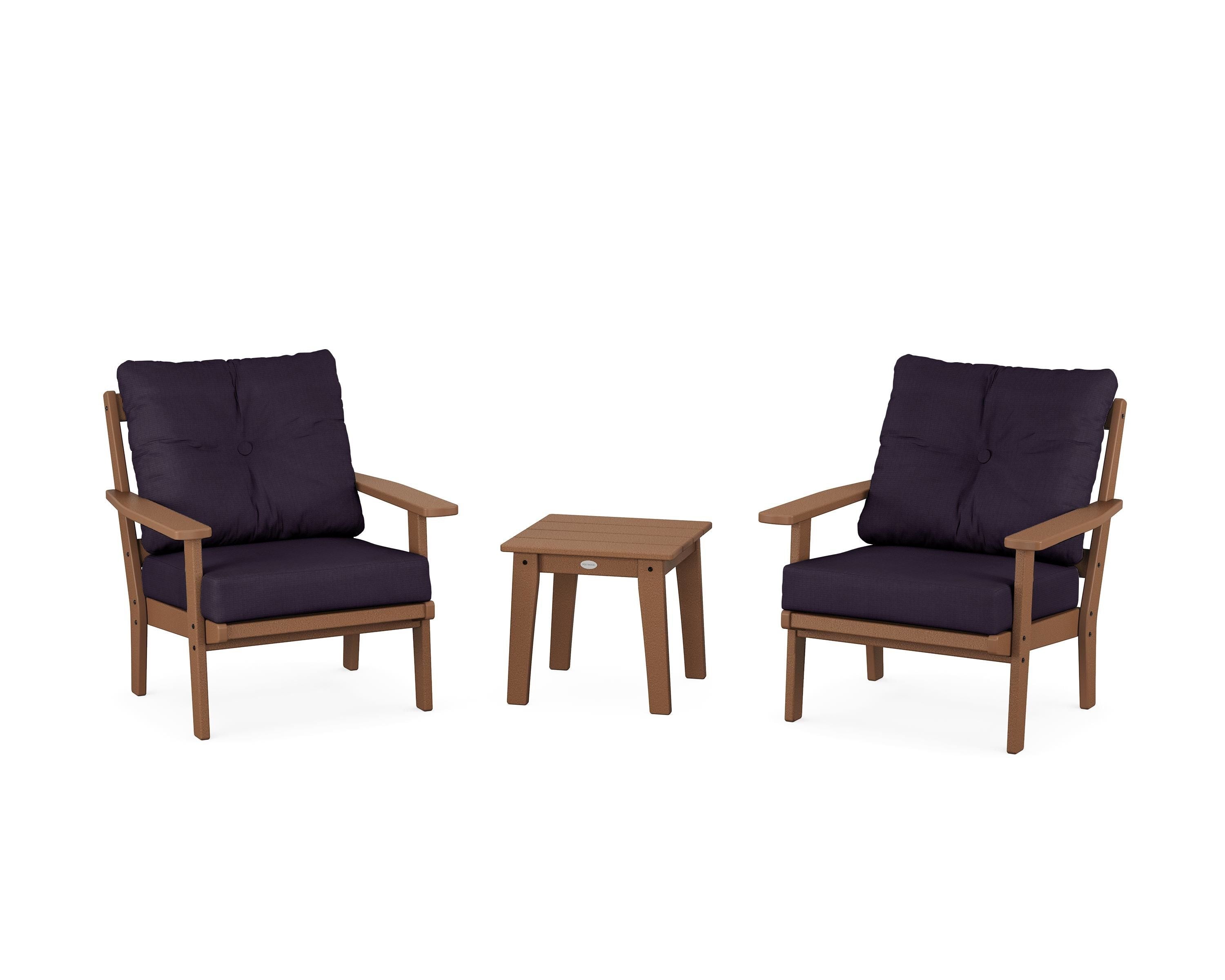 POLYWOOD Oxford 3-Piece Deep Seating Set in Teak / Navy Linen